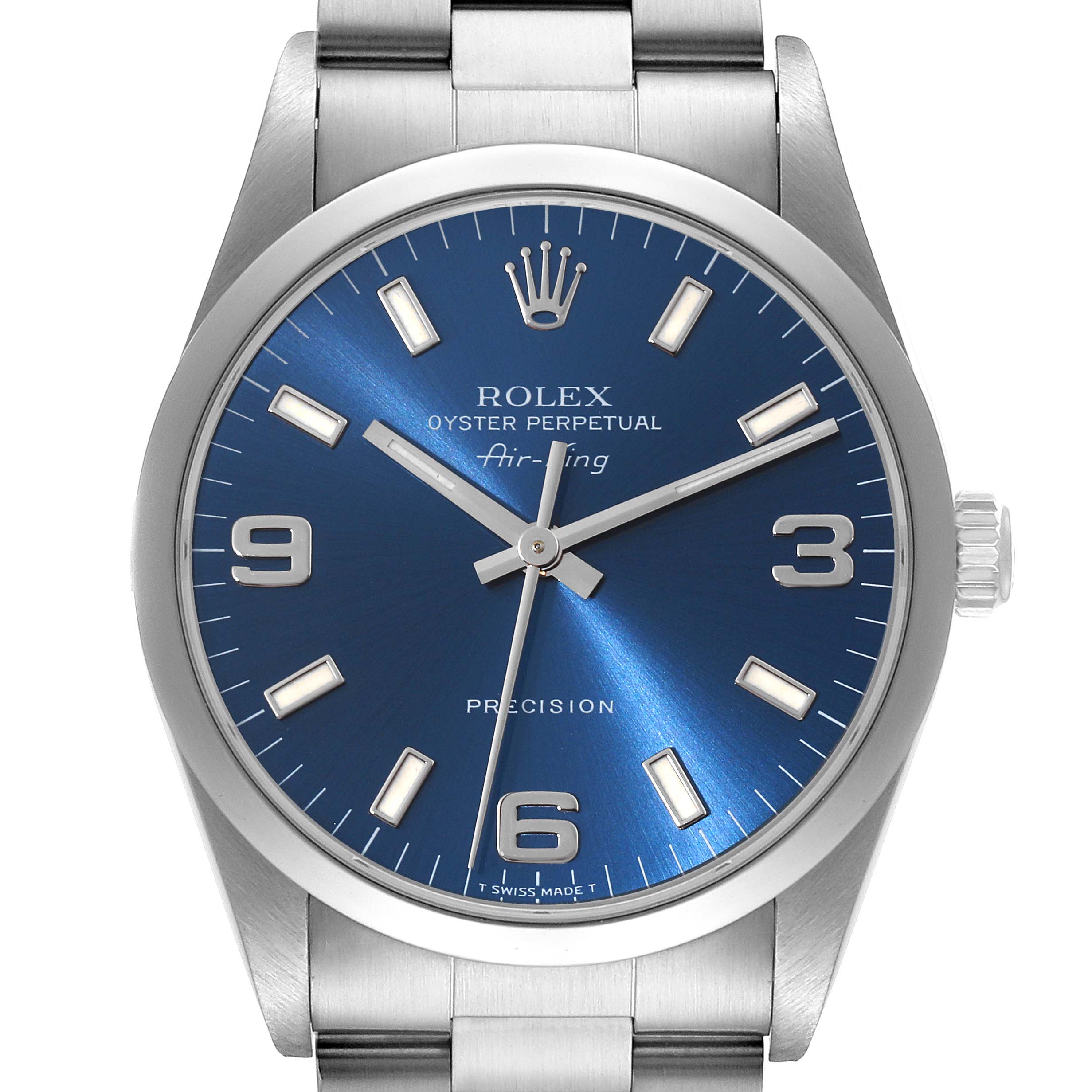 The image shows a front view of the Rolex Air-King 14000 Men's Stainless Steel Blue Dial 14000 Men's Stainless Steel Blue Dial watch, displaying the dial, hands, markers, and part of the bracelet.