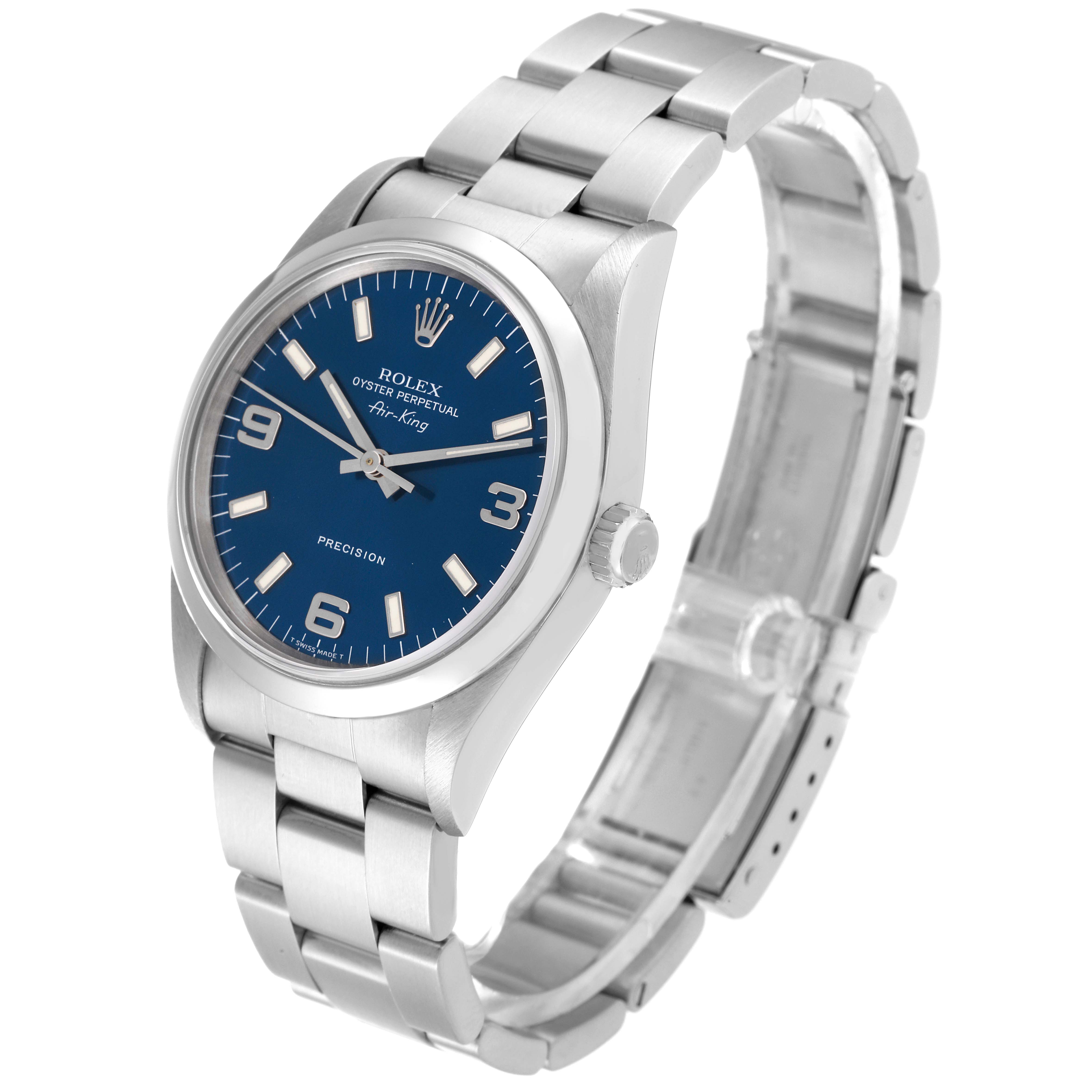 The Rolex Air-King 14000 Men's Stainless Steel Blue Dial 14000 Men's Stainless Steel Blue Dial watch is shown at a three-quarter angle showcasing the face, bezel, crown, and bracelet.