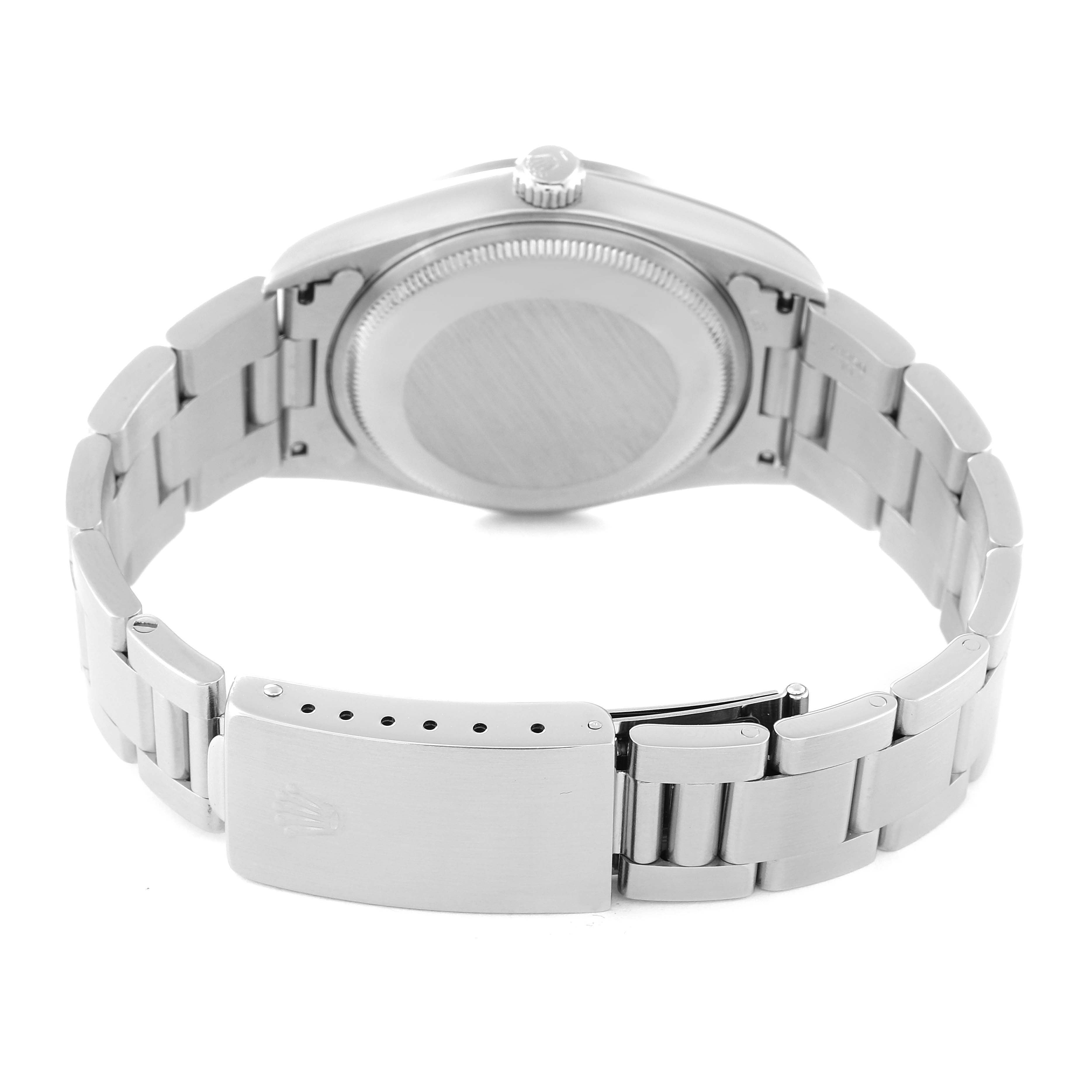 The image shows the back view of a Rolex Air-King 14000 Men's Stainless Steel Blue Dial 14000 Men's Stainless Steel Blue Dial watch, highlighting its case back, crown, and stainless steel bracelet with the clasp partly visible.