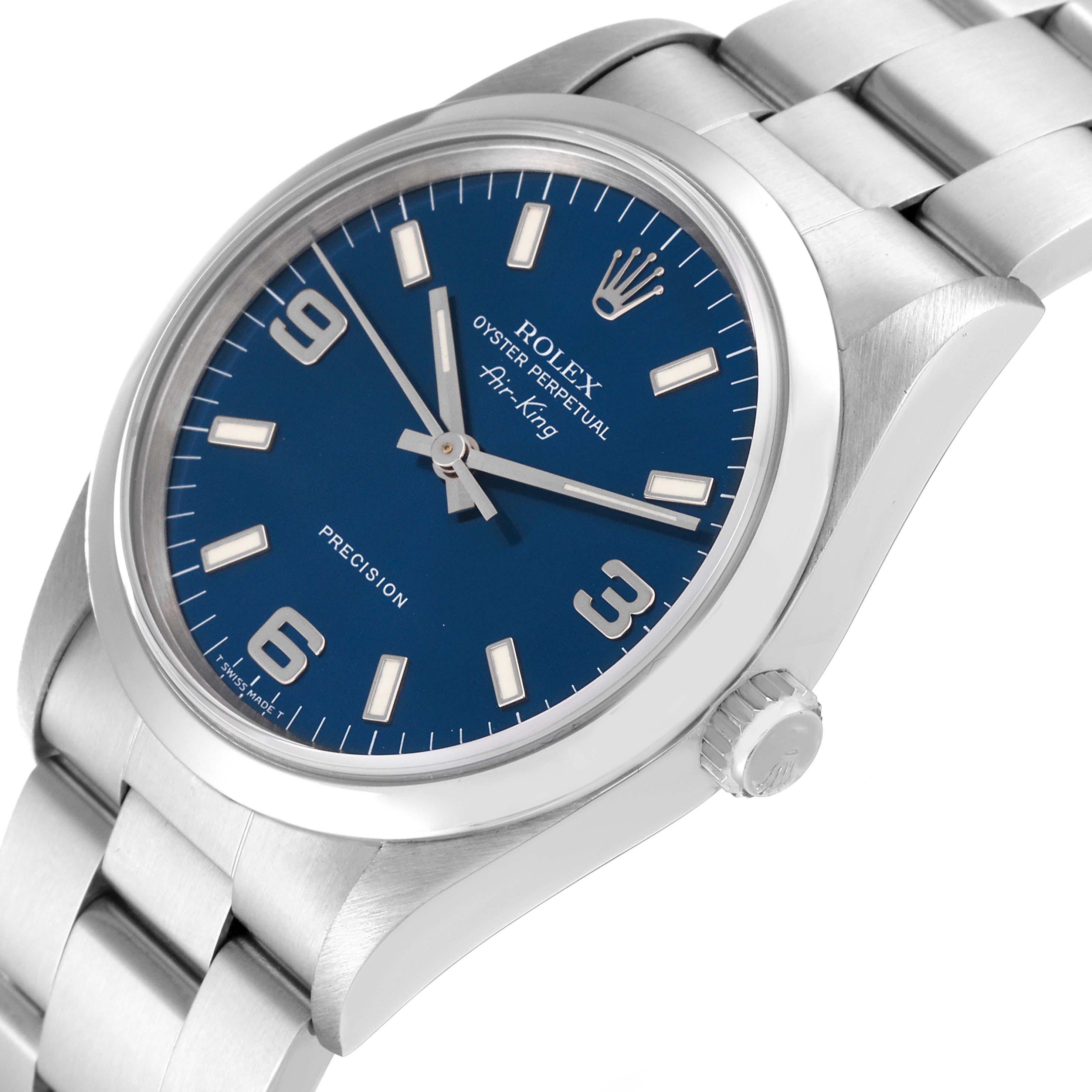 This image shows a Rolex Air-King 14000 Men's Stainless Steel Blue Dial 14000 Men's Stainless Steel Blue Dial watch at a slight angle, highlighting its face, bezel, dial, and part of the bracelet.