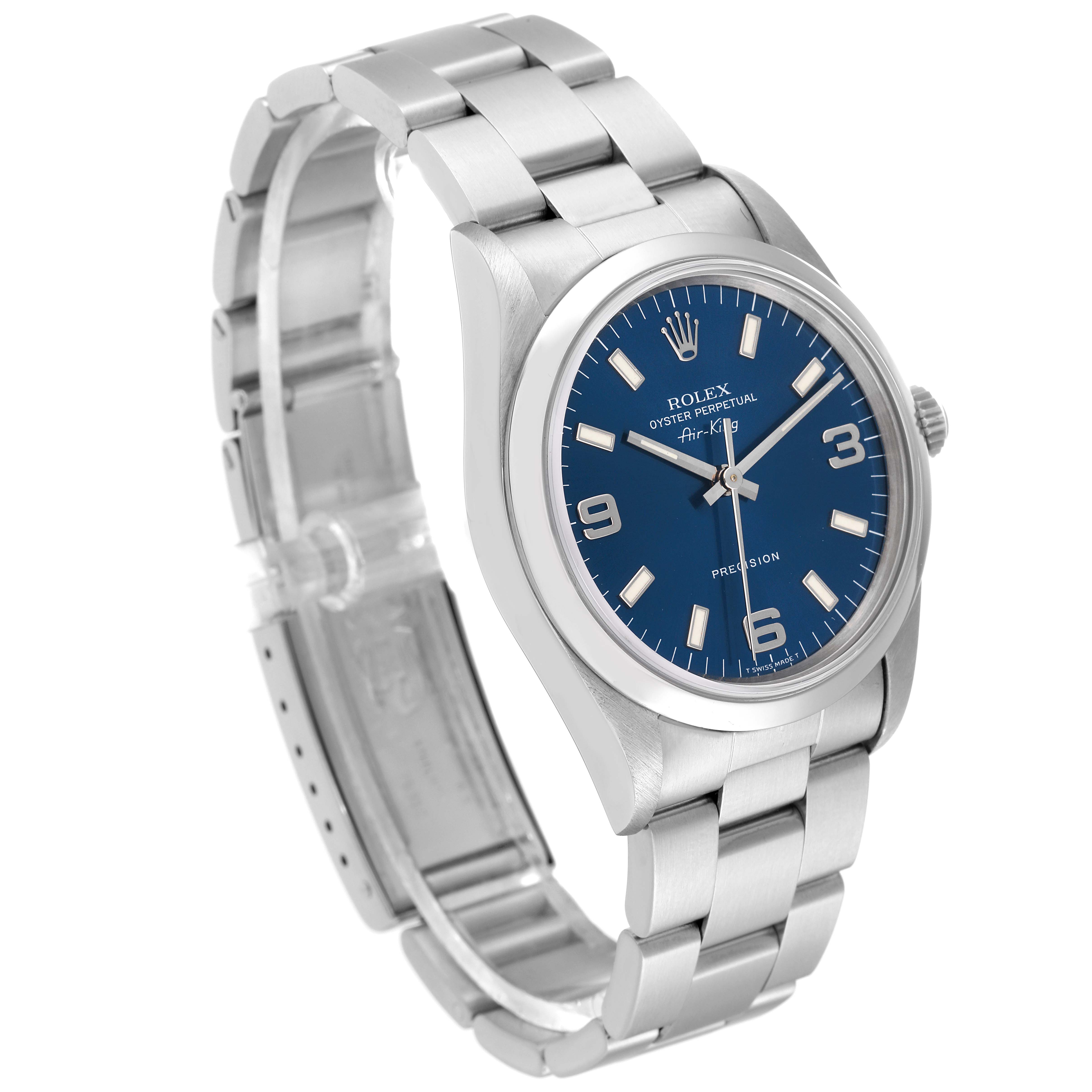 The image shows a Rolex Air-King 14000 Men's Stainless Steel Blue Dial 14000 Men's Stainless Steel Blue Dial watch at a slightly tilted angle, highlighting the face, case, and stainless steel bracelet.