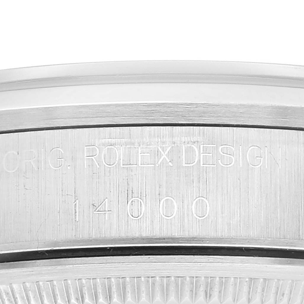 This image shows the engraved case back side edge of a Rolex Air-King 14000 Men's Stainless Steel Blue Dial 14000 Men's Stainless Steel Blue Dial watch, highlighting the model number "14000."