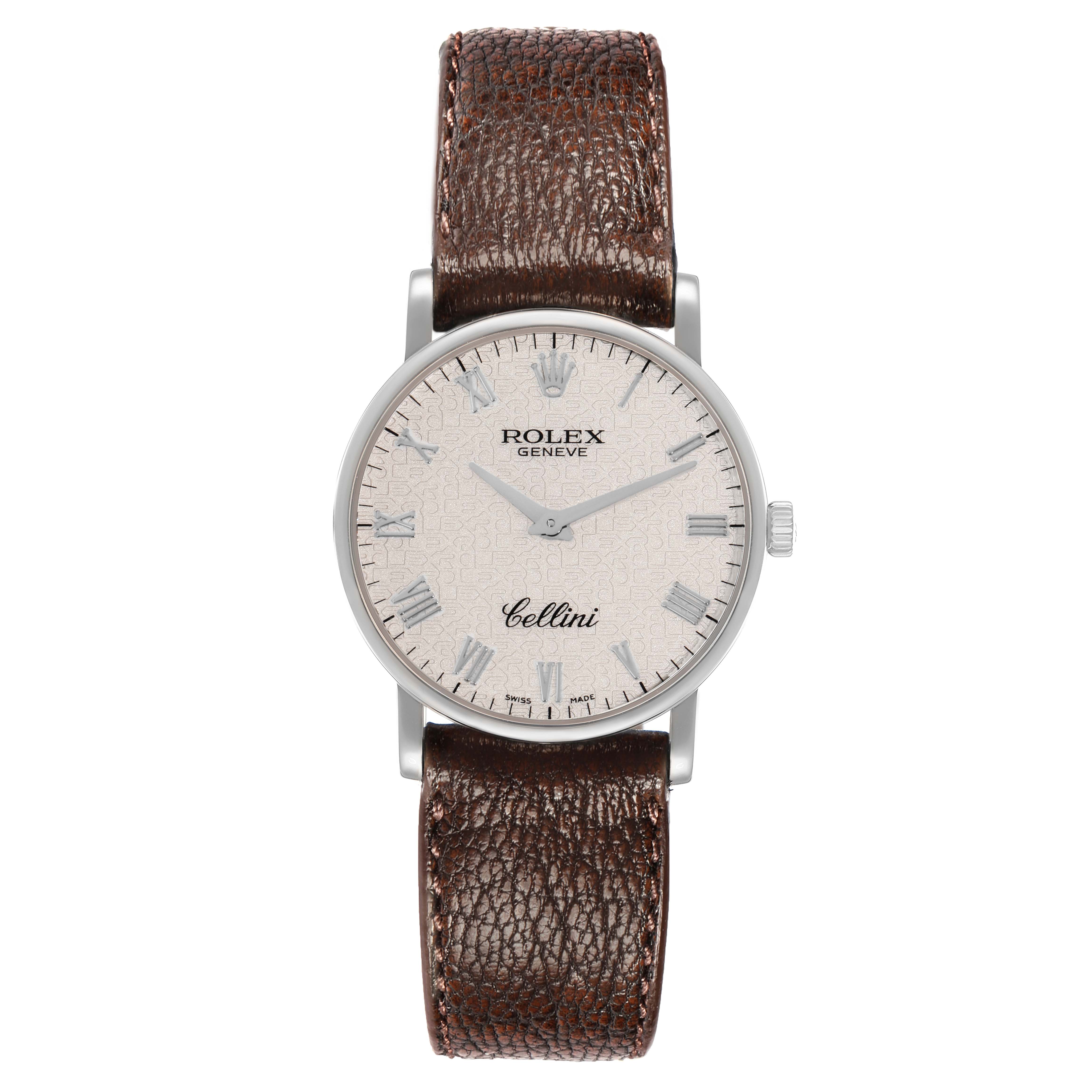 The Rolex Cellini 5115 Men
s White Gold Silver Dial watch is shown from the front, displaying the dial, case, crown, and leather strap.