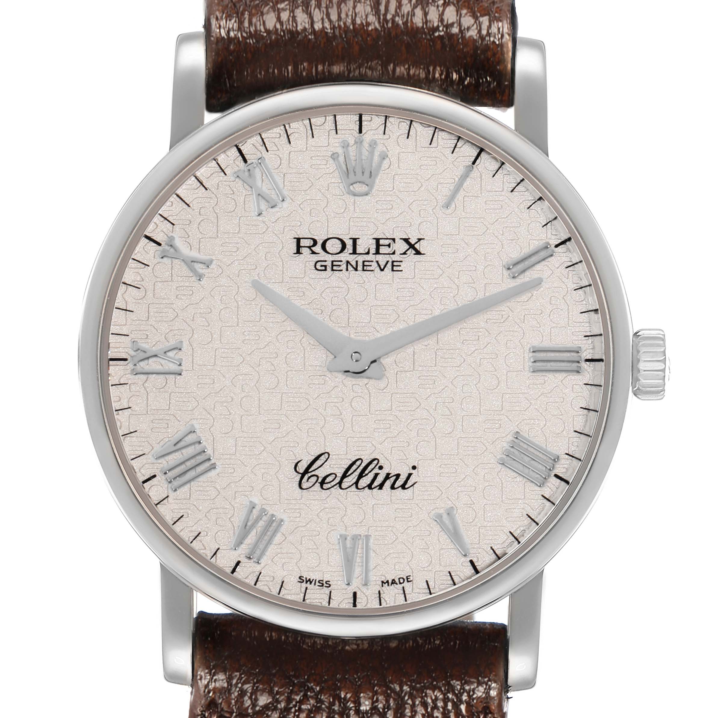 The Rolex Cellini 5115 Men
s White Gold Silver Dial watch is shown from a front angle, highlighting the dial, hands, crown, and part of the leather strap.