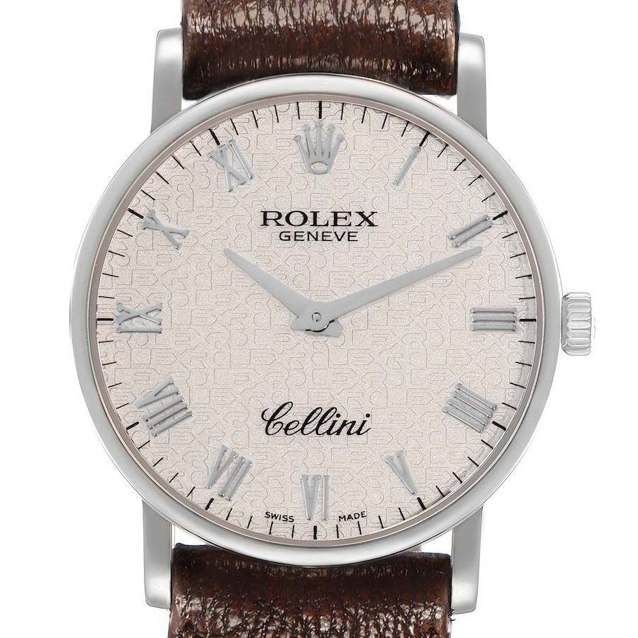 The Rolex Cellini 5115 Men's White Gold Silver Dial watch is shown from a front angle, highlighting the dial, hands, crown, and part of the leather strap.