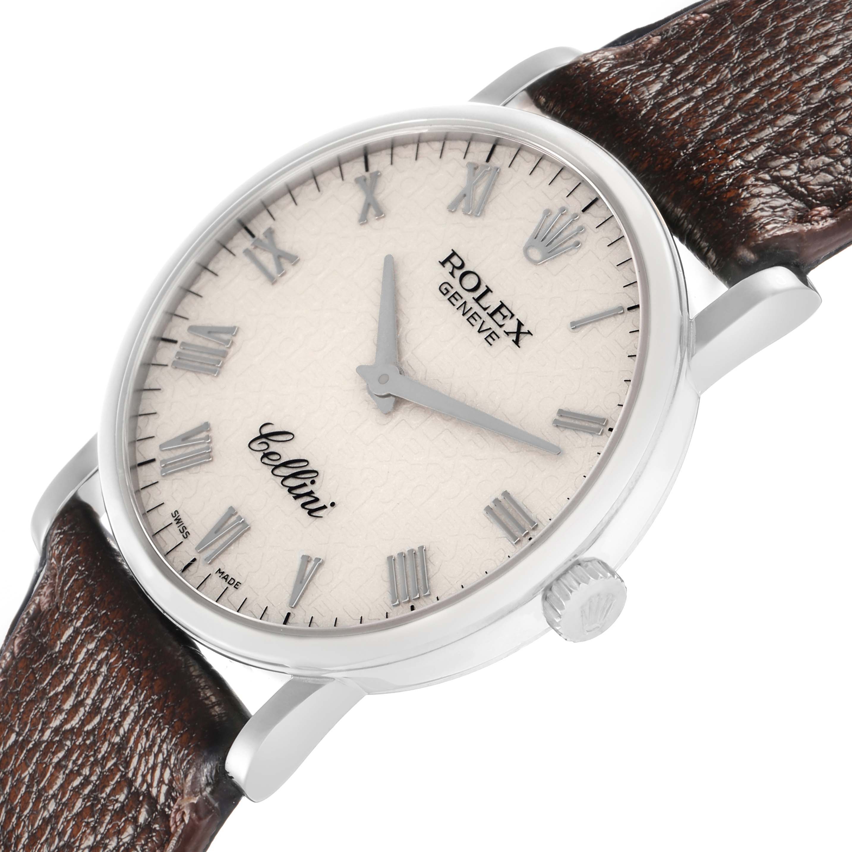 The Rolex Cellini 5115 Men
s White Gold Silver Dial watch is shown from a slight side angle, highlighting the dial, case, crown, and leather strap.