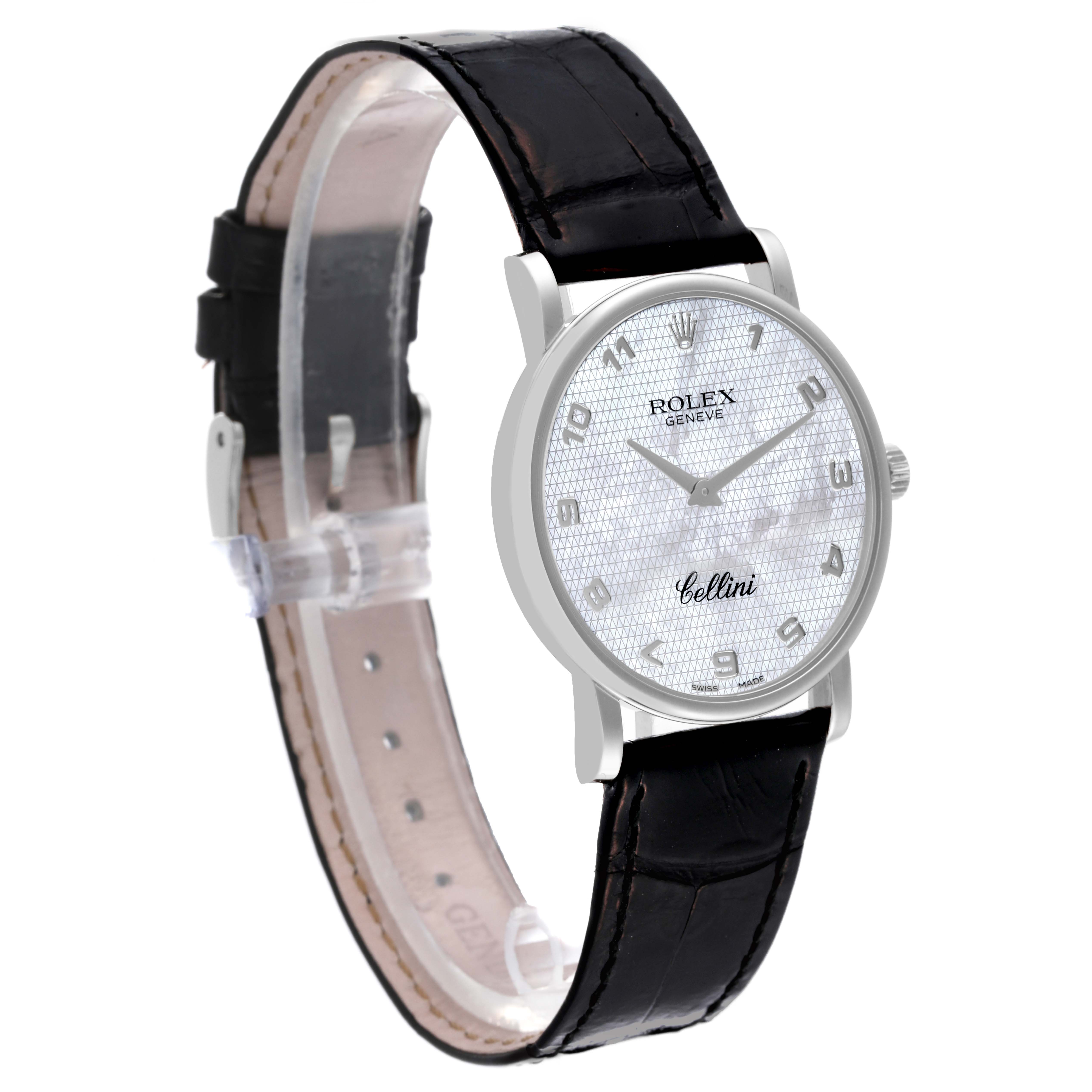 The Rolex Cellini 5115 Men's White Gold Mother of Pearl Dial 5115 Men's White Gold Mother of Pearl Dial watch is shown at a three-quarter angle, highlighting the face, bezel, and leather strap.