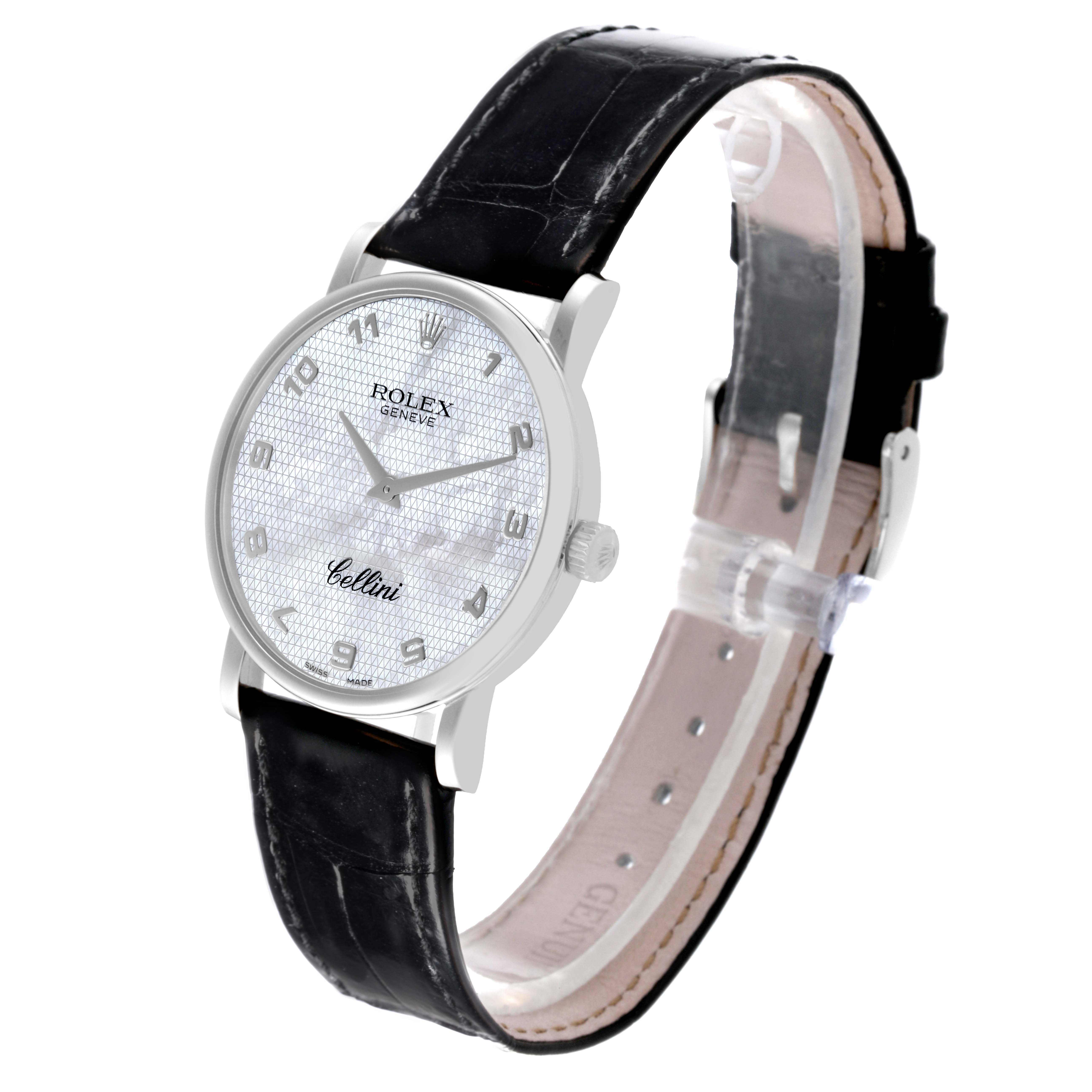 The Rolex Cellini 5115 Men's White Gold Mother of Pearl Dial 5115 Men's White Gold Mother of Pearl Dial watch is shown at a slight angle, displaying the dial, case, and leather strap.