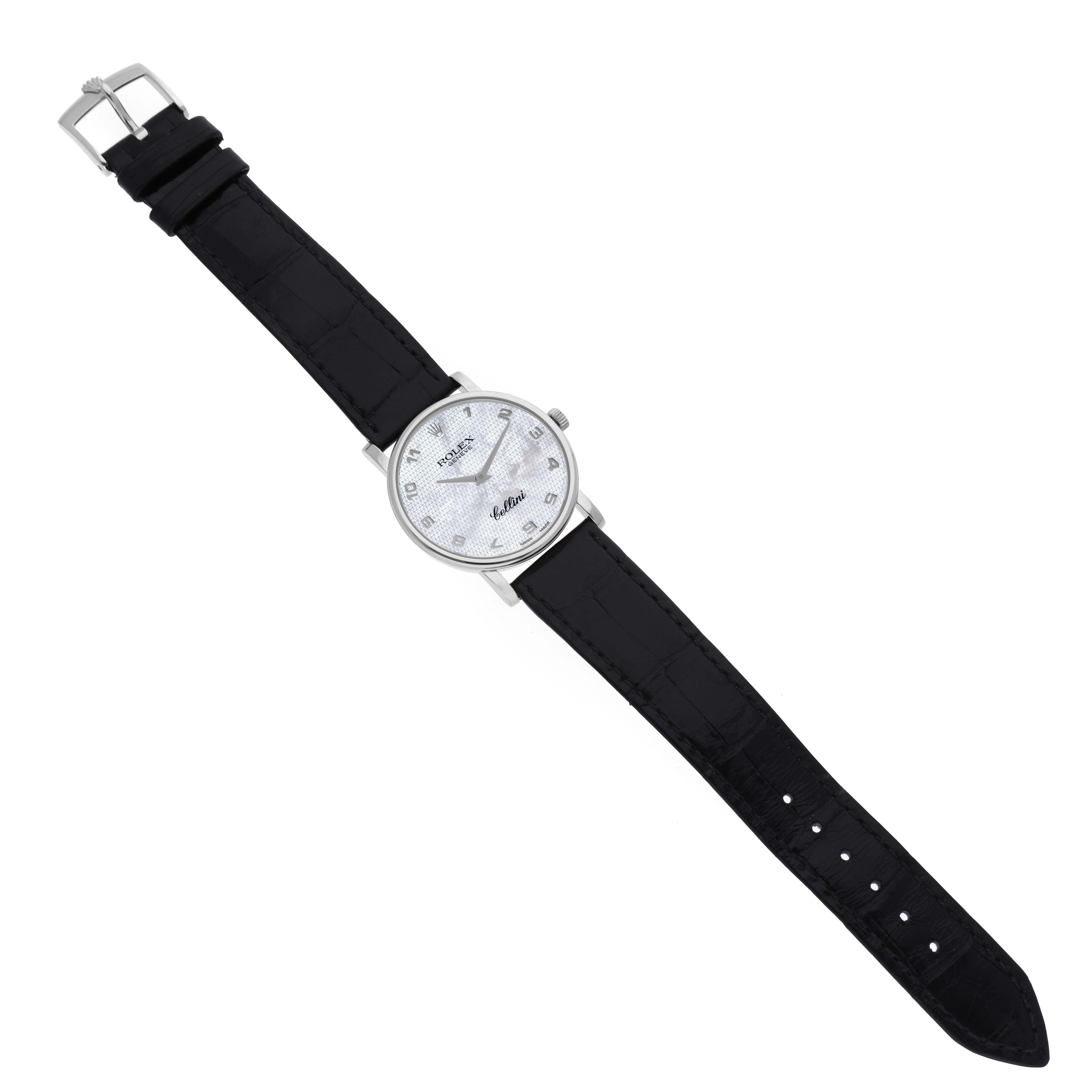 The Rolex Cellini 5115 Men's White Gold Mother of Pearl Dial 5115 Men's White Gold Mother of Pearl Dial watch is shown from a top-down angle, displaying the entire watch face and black strap.