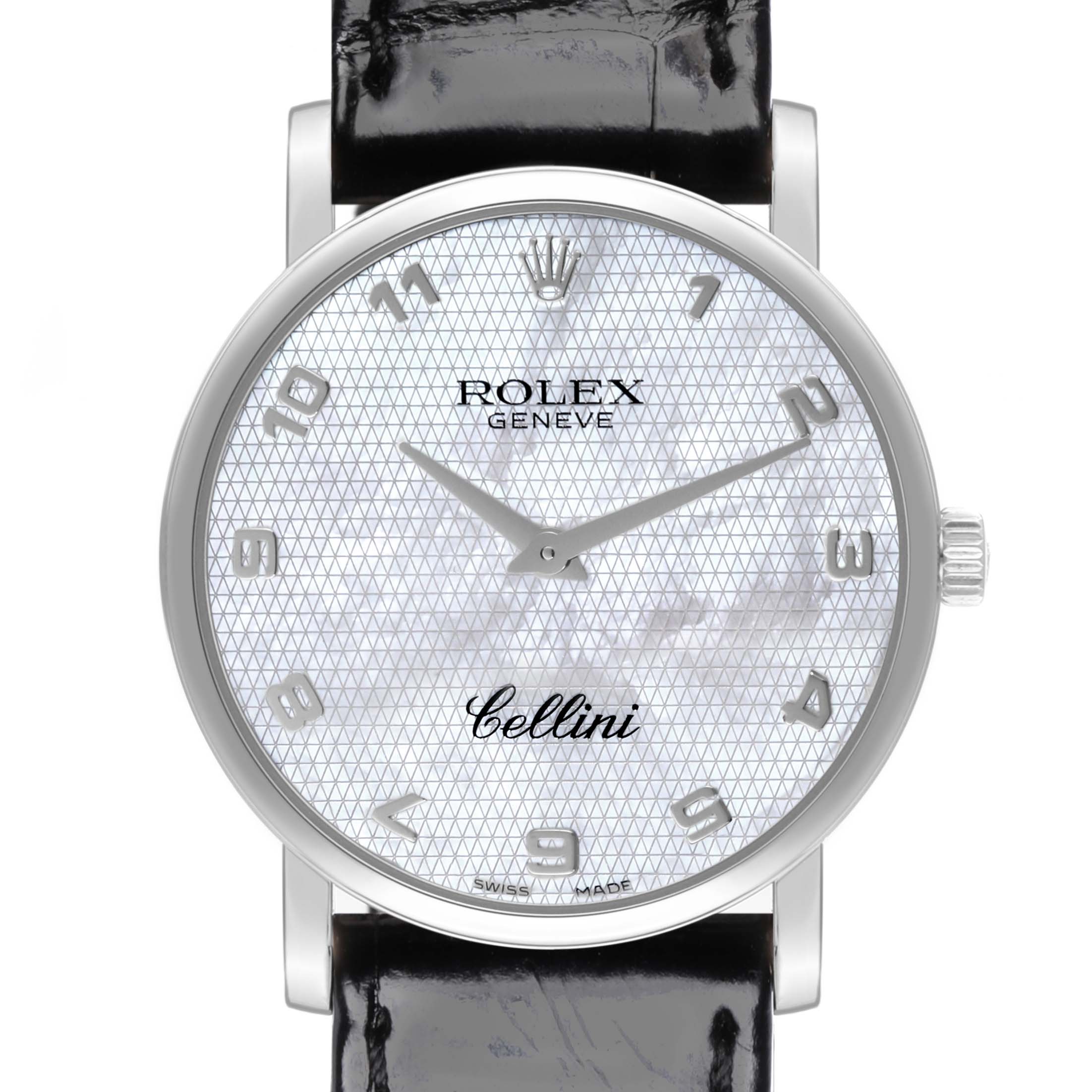 The Rolex Cellini 5115 Men's White Gold Mother of Pearl Dial 5115 Men's White Gold Mother of Pearl Dial watch is shown from a front angle, displaying the dial, hands, and part of the leather strap.