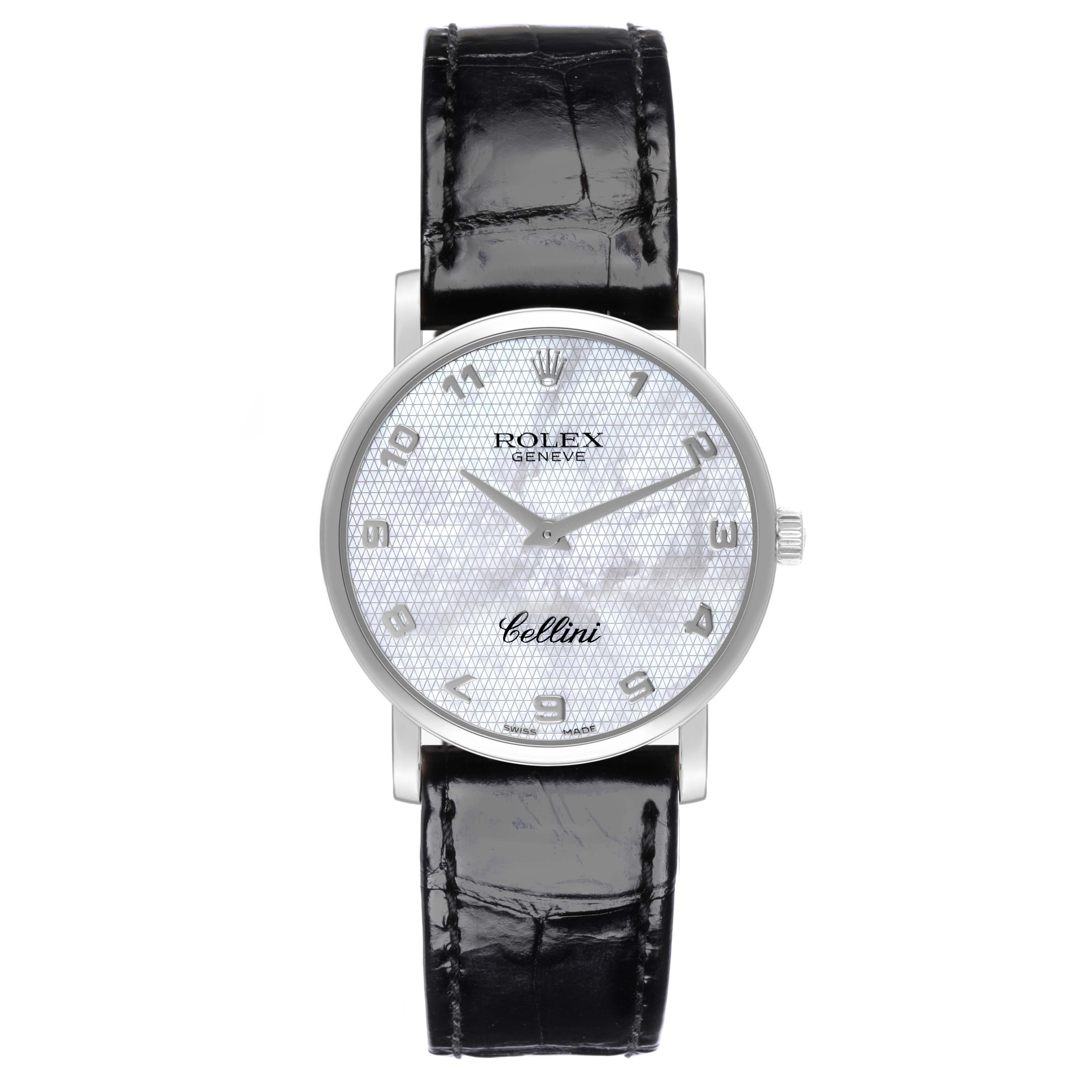 The Rolex Cellini 5115 Men's White Gold Mother of Pearl Dial 5115 Men's White Gold Mother of Pearl Dial watch is shown from a front angle, displaying the face, case, and leather strap.
