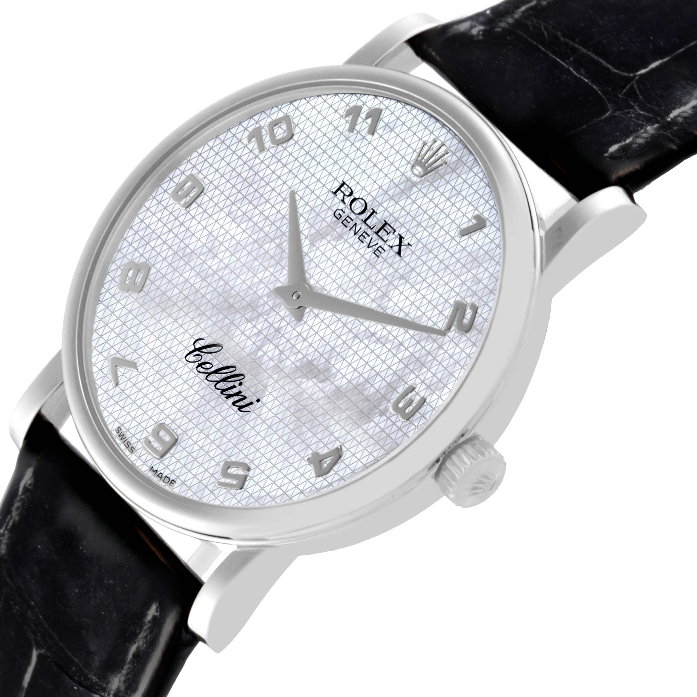 The Rolex Cellini 5115 Men's White Gold Mother of Pearl Dial 5115 Men's White Gold Mother of Pearl Dial watch is shown at an angle displaying the dial, crown, and leather strap.