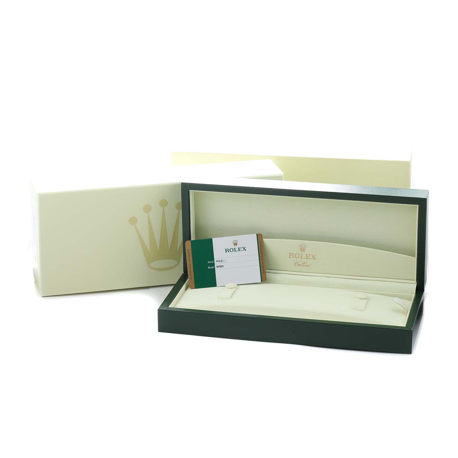 The image shows the packaging and certification card for a Rolex Cellini 50505 Men
s Rose Gold Black Dial watch, with the box open and angled slightly from above.