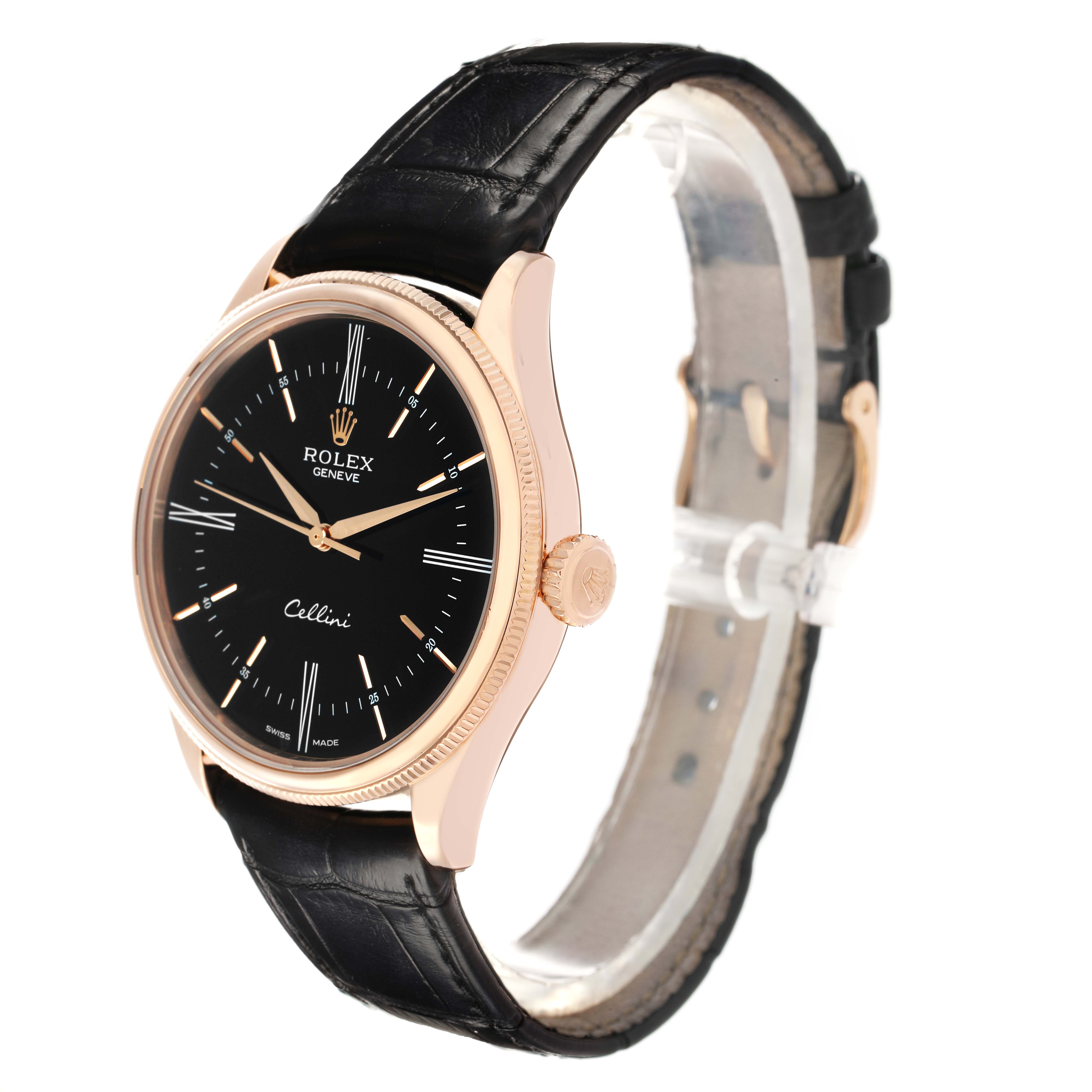 The Rolex Cellini 50505 Men
s Rose Gold Black Dial watch is shown at a three-quarter angle, highlighting the dial, bezel, crown, and leather strap.