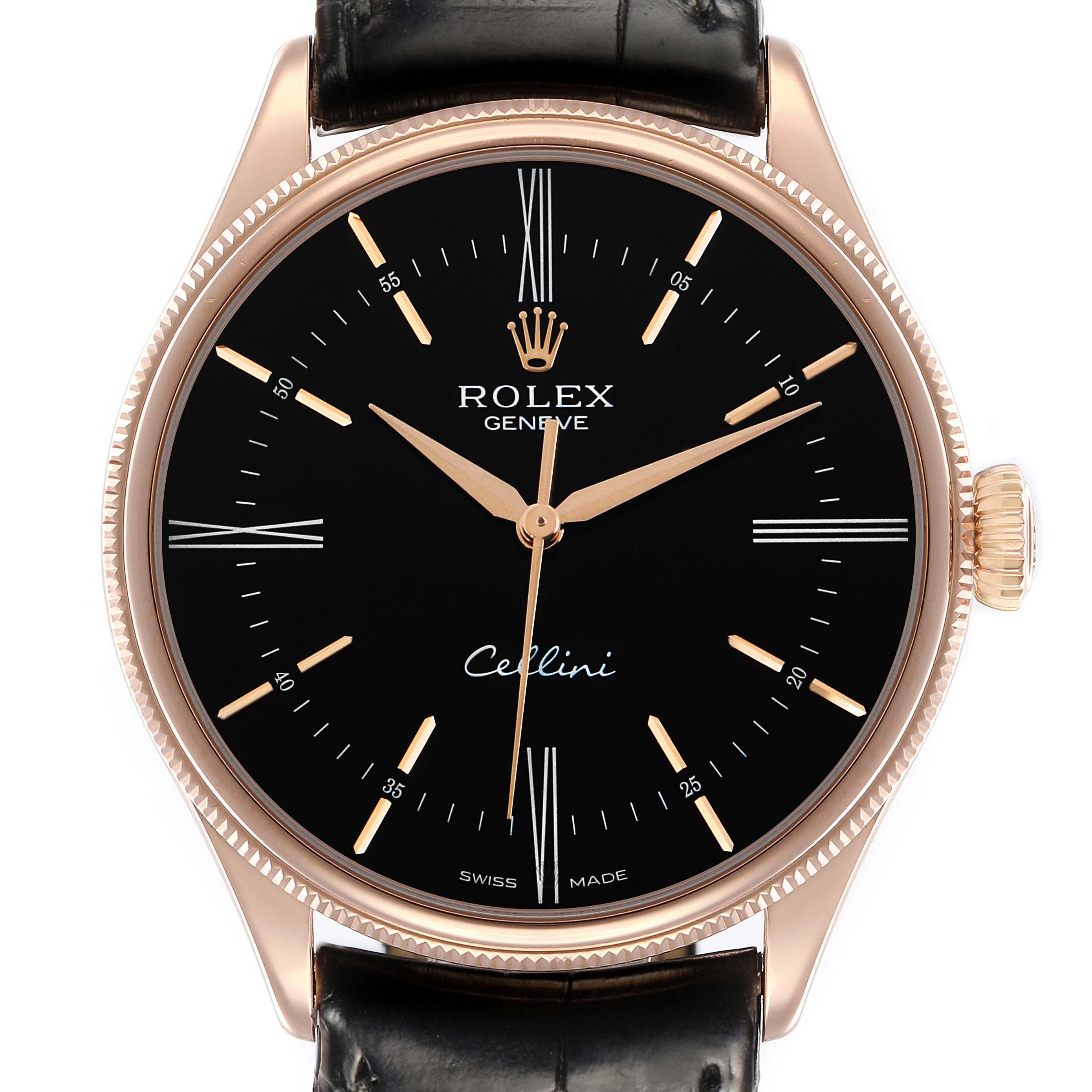 The Rolex Cellini 50505 Men
s Rose Gold Black Dial watch is shown from a front angle, displaying the dial, hour markers, hands, crown, and leather strap.