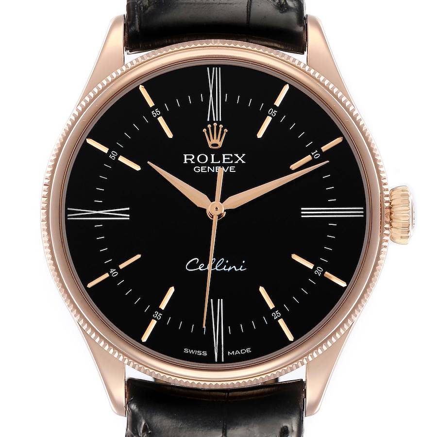 The Rolex Cellini 50505 Men's Rose Gold Black Dial watch is shown from a front angle, displaying the dial, hour markers, hands, crown, and leather strap.