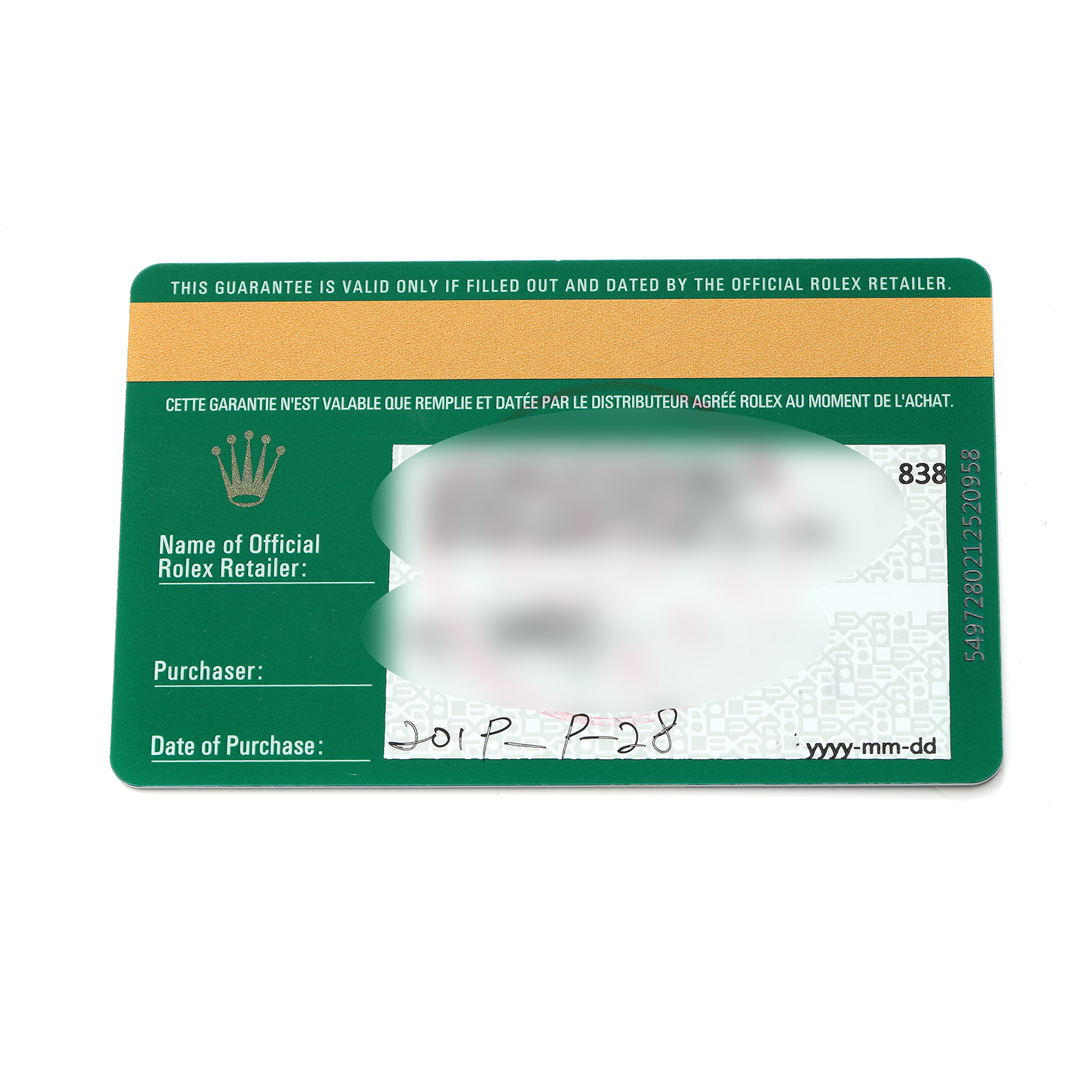 This image shows a flat view of a green Rolex warranty card for the Cellini model, with purchase details.