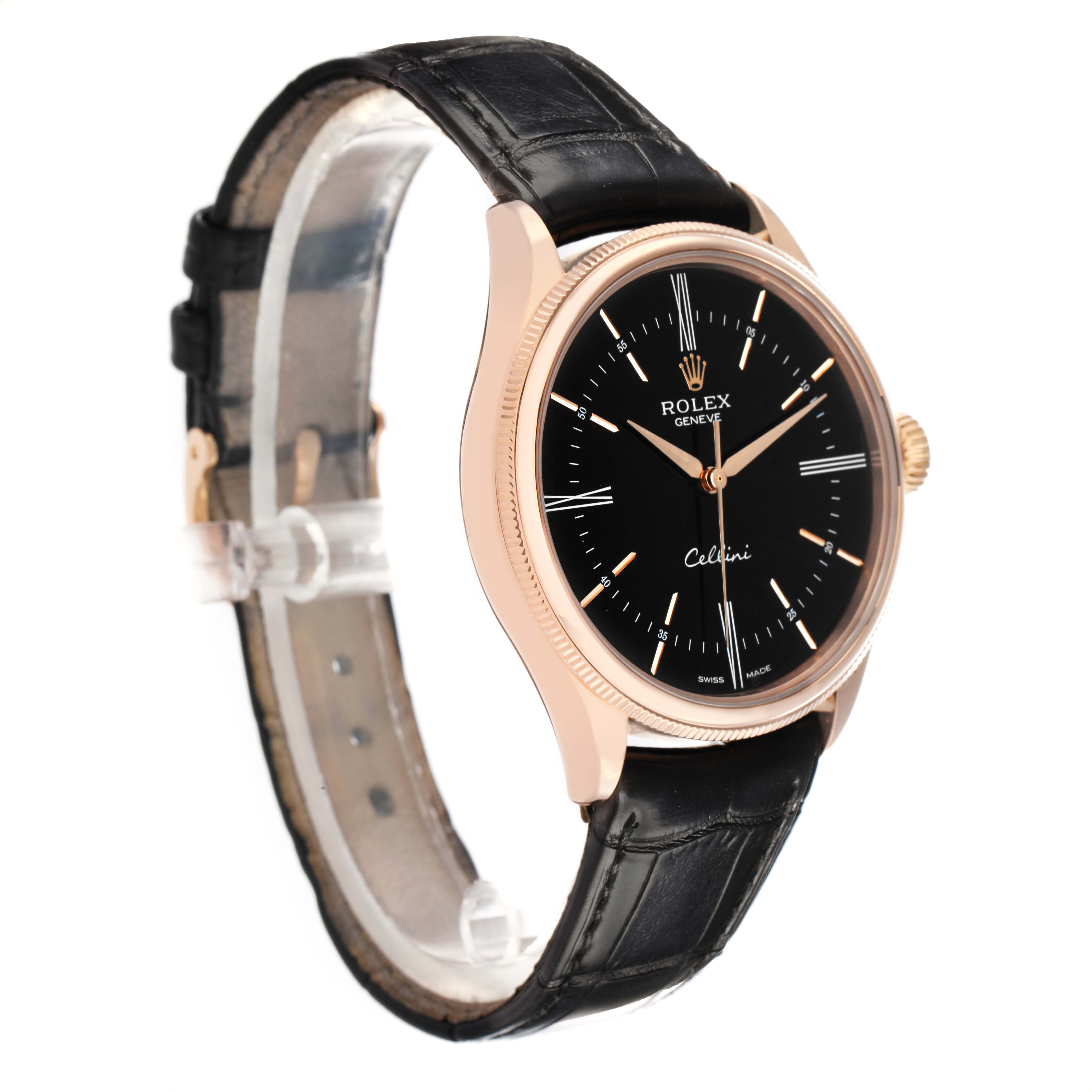 The Rolex Cellini 50505 Men
s Rose Gold Black Dial watch is shown at a slight angle, highlighting its black dial, rose gold case, and black leather strap.