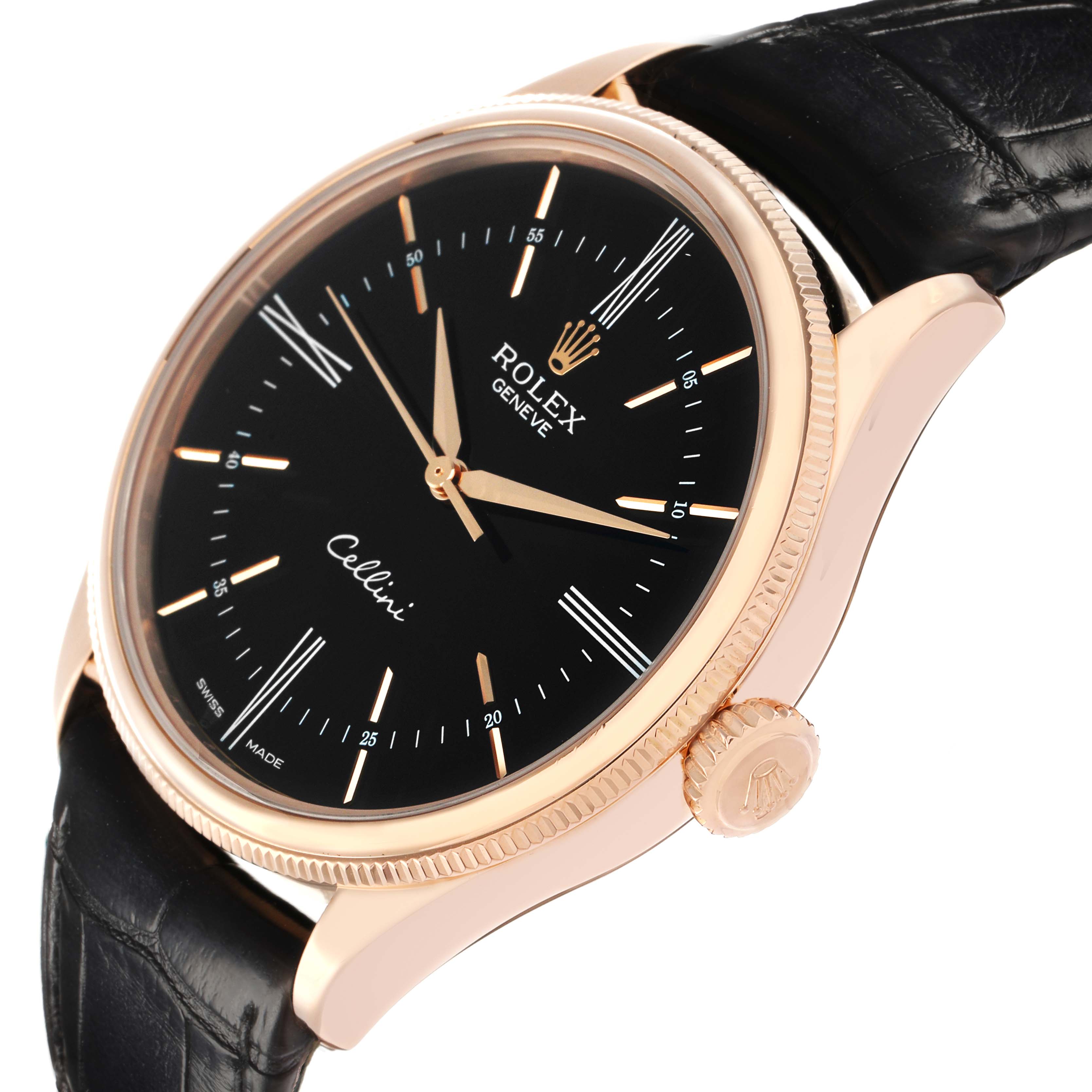 The Rolex Cellini 50505 Men
s Rose Gold Black Dial watch is shown at a slight side angle, highlighting the dial, case, crown, and black leather strap.