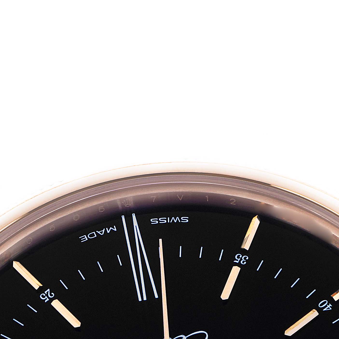 The image shows a close-up of the top portion of the Rolex Cellini 50505 Men
s Rose Gold Black Dial watch dial, featuring hour markers and part of the hands.