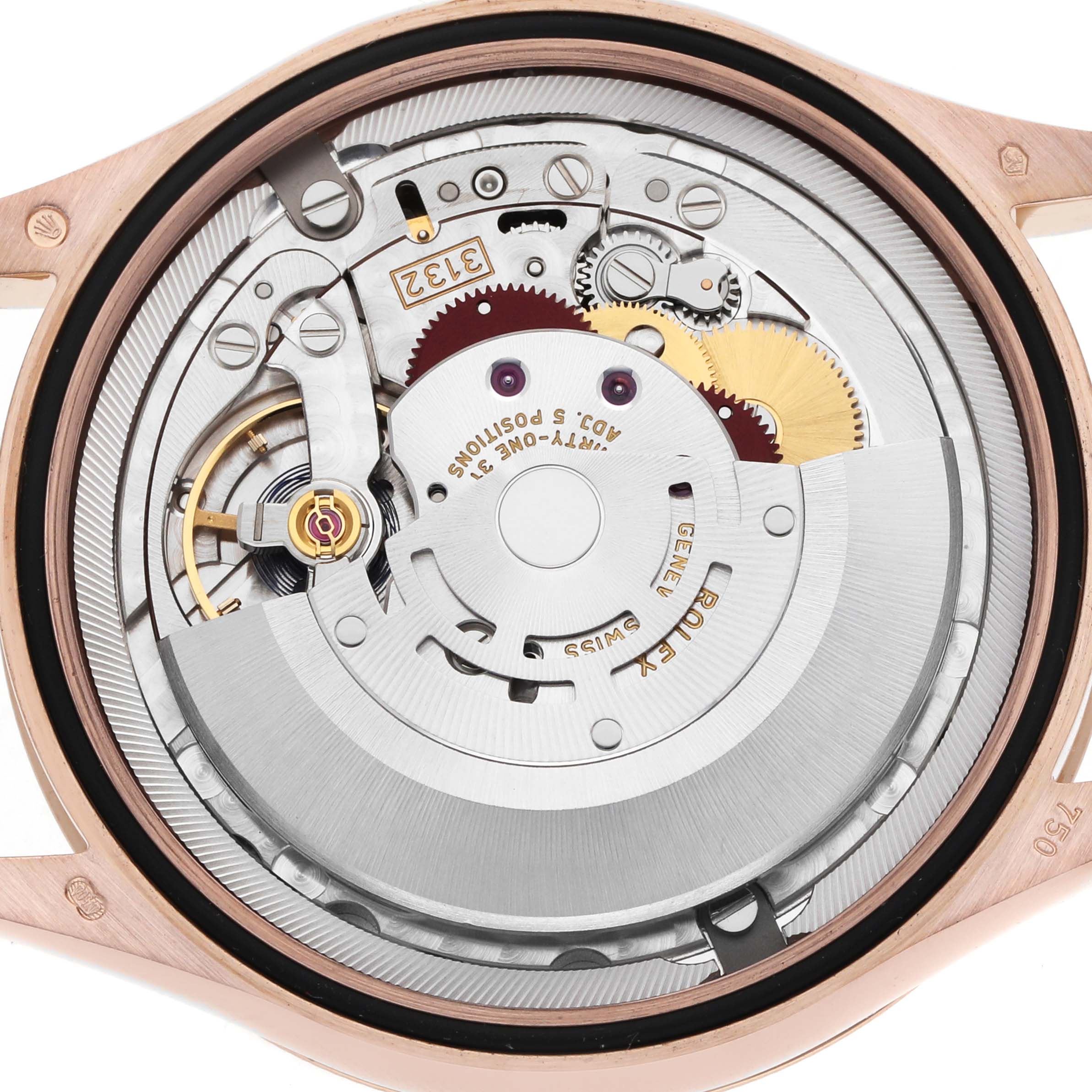 The image shows the back of a Rolex Cellini 50505 Men
s Rose Gold Black Dial watch, revealing its intricate movement and mechanics.