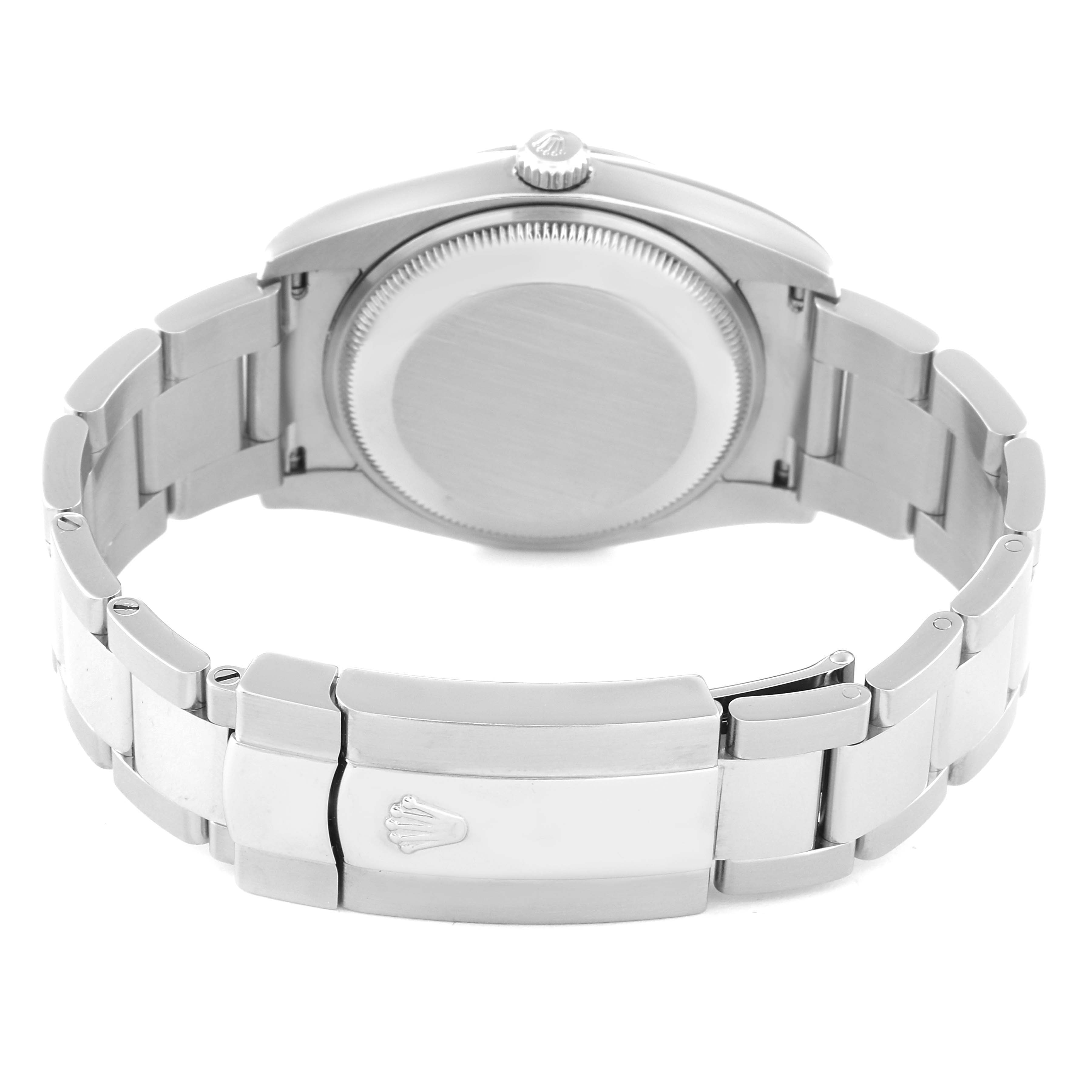 This image shows the back case and clasp of a Rolex Date 115200 Men's Stainless Steel Black Dial 115200 Men's Stainless Steel Black Dial model watch from a rear angle.