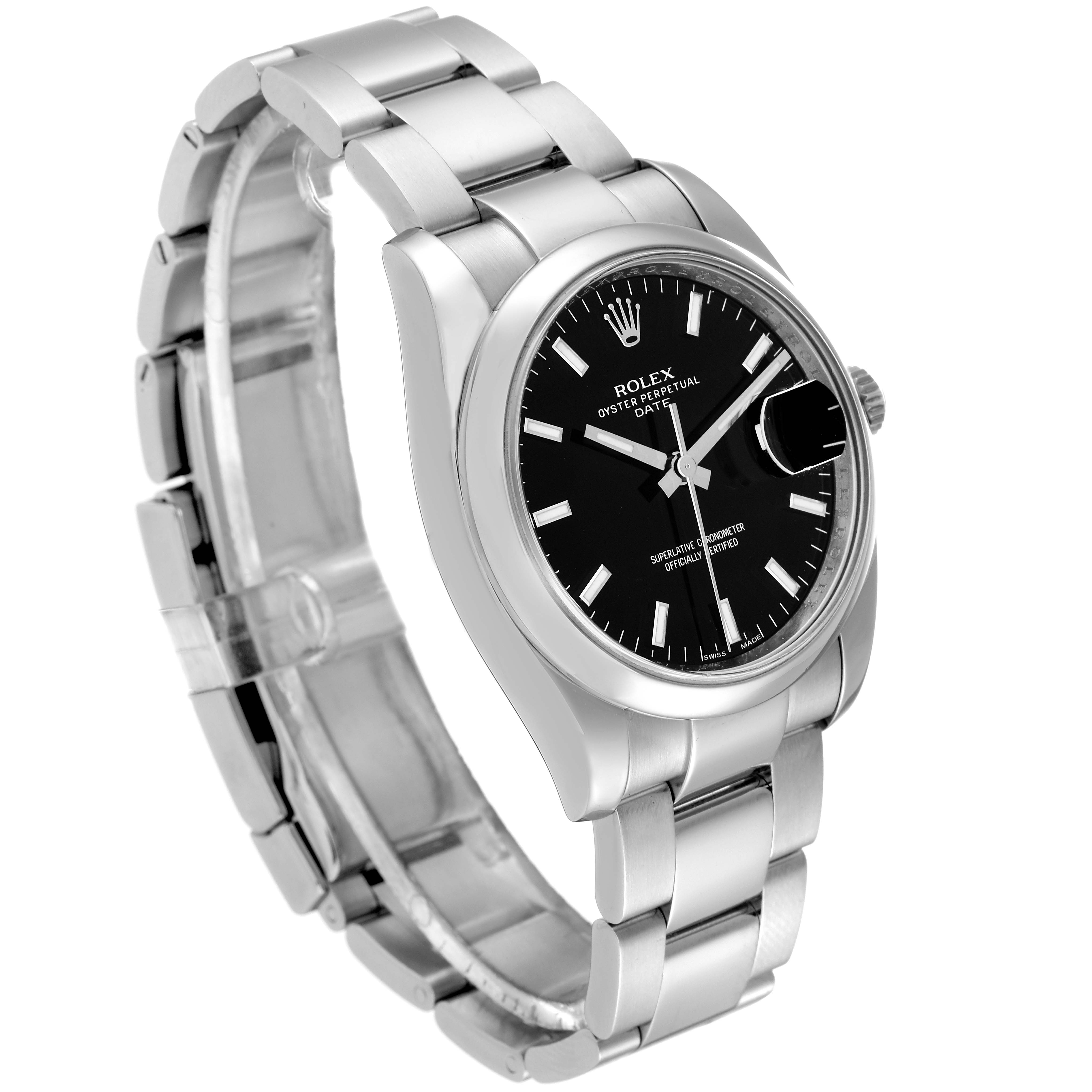 The image shows a Rolex Oyster Perpetual Date watch from a three-quarter angle, highlighting its bracelet and black dial.