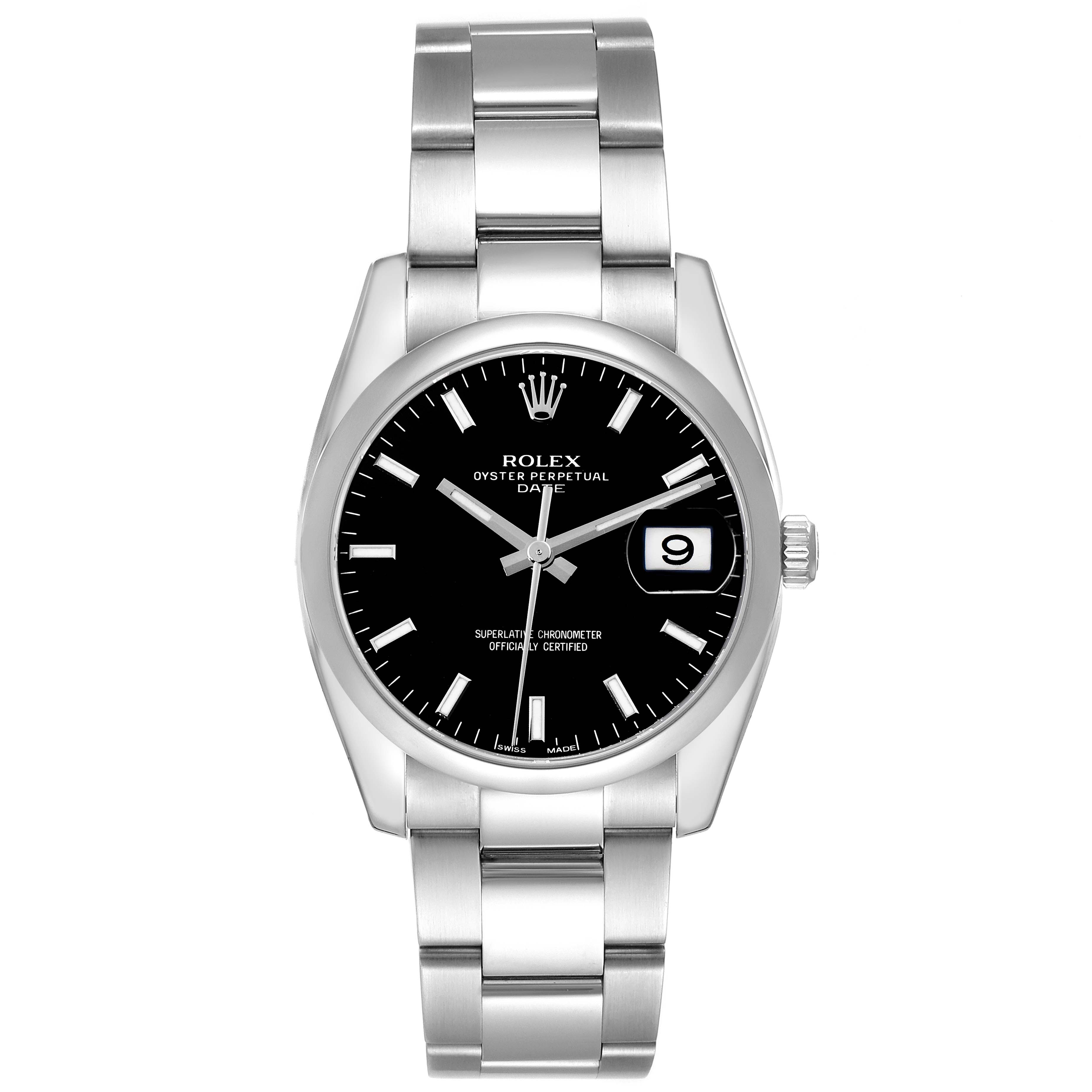 This is a front view of the Rolex Oyster Perpetual Date, showing its silver bracelet, black dial, and date window.