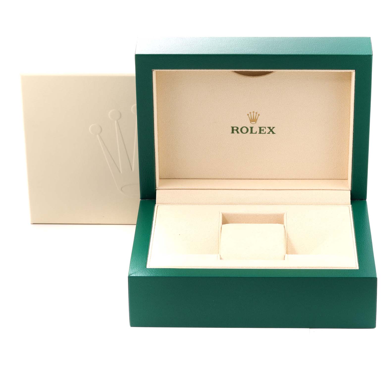 This image shows an open Rolex watch box for the Date model, featuring a green exterior and beige interior with the Rolex logo.