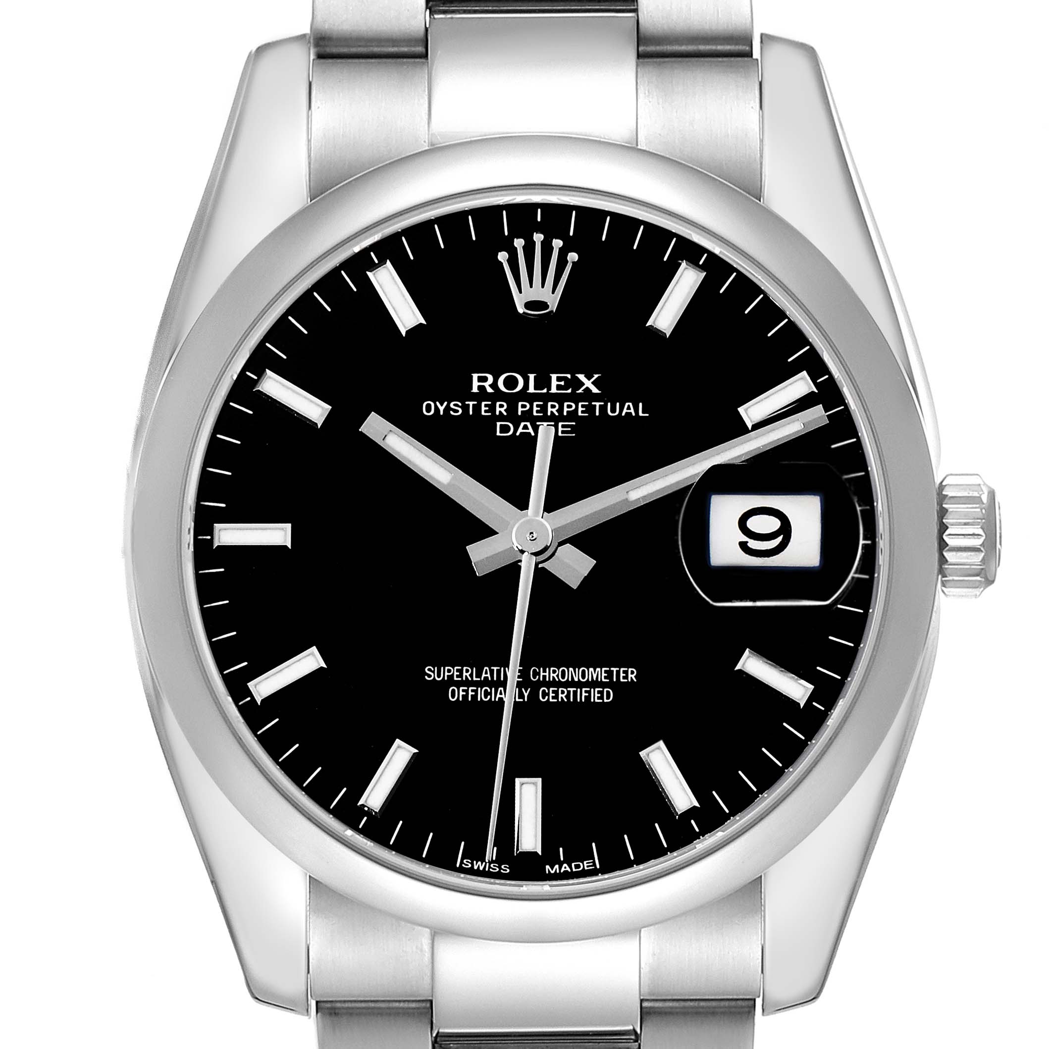 This image shows a frontal view of a Rolex Date 115200 Men's Stainless Steel Black Dial 115200 Men's Stainless Steel Black Dial model watch, detailing the dial, hands, crown, and bracelet.