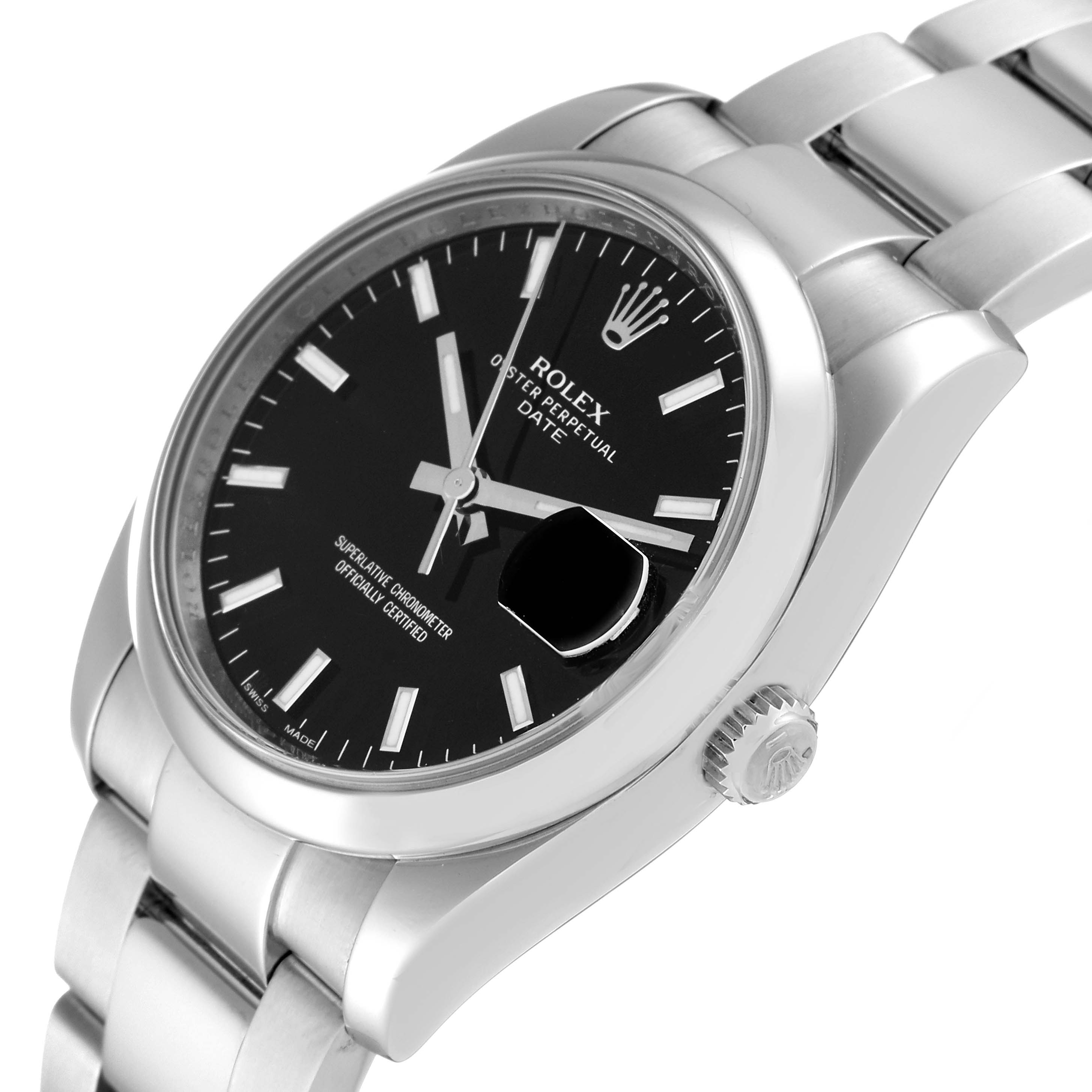 This image shows the Rolex Date 115200 Men's Stainless Steel Black Dial 115200 Men's Stainless Steel Black Dial watch at an angled close-up, highlighting the face, crown, and part of the bracelet.