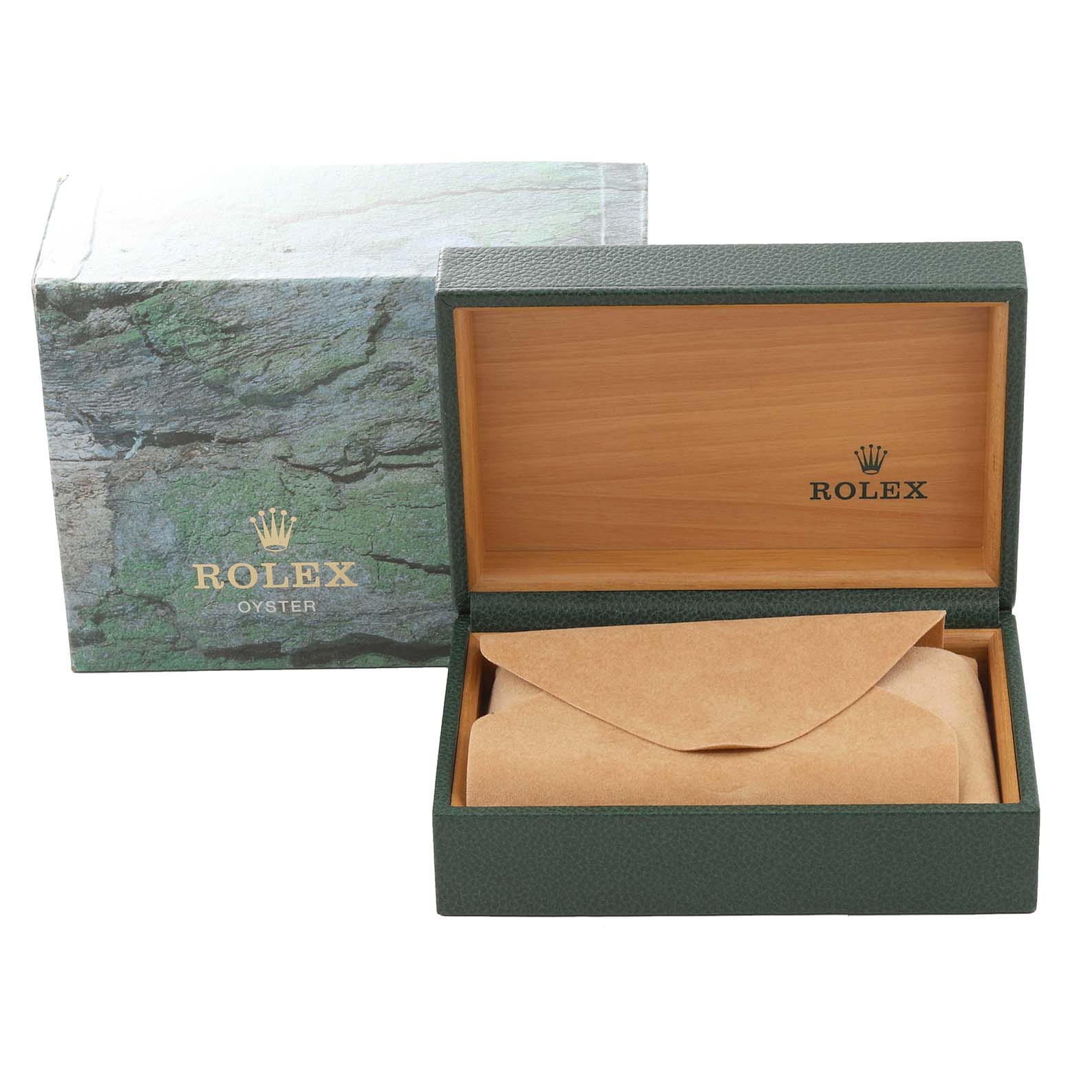 The image shows an open Rolex Date 15210 Men's Stainless Steel Blue Dial 15210 Men's Stainless Steel Blue Dial model watch box, displaying the interior and exterior packaging.