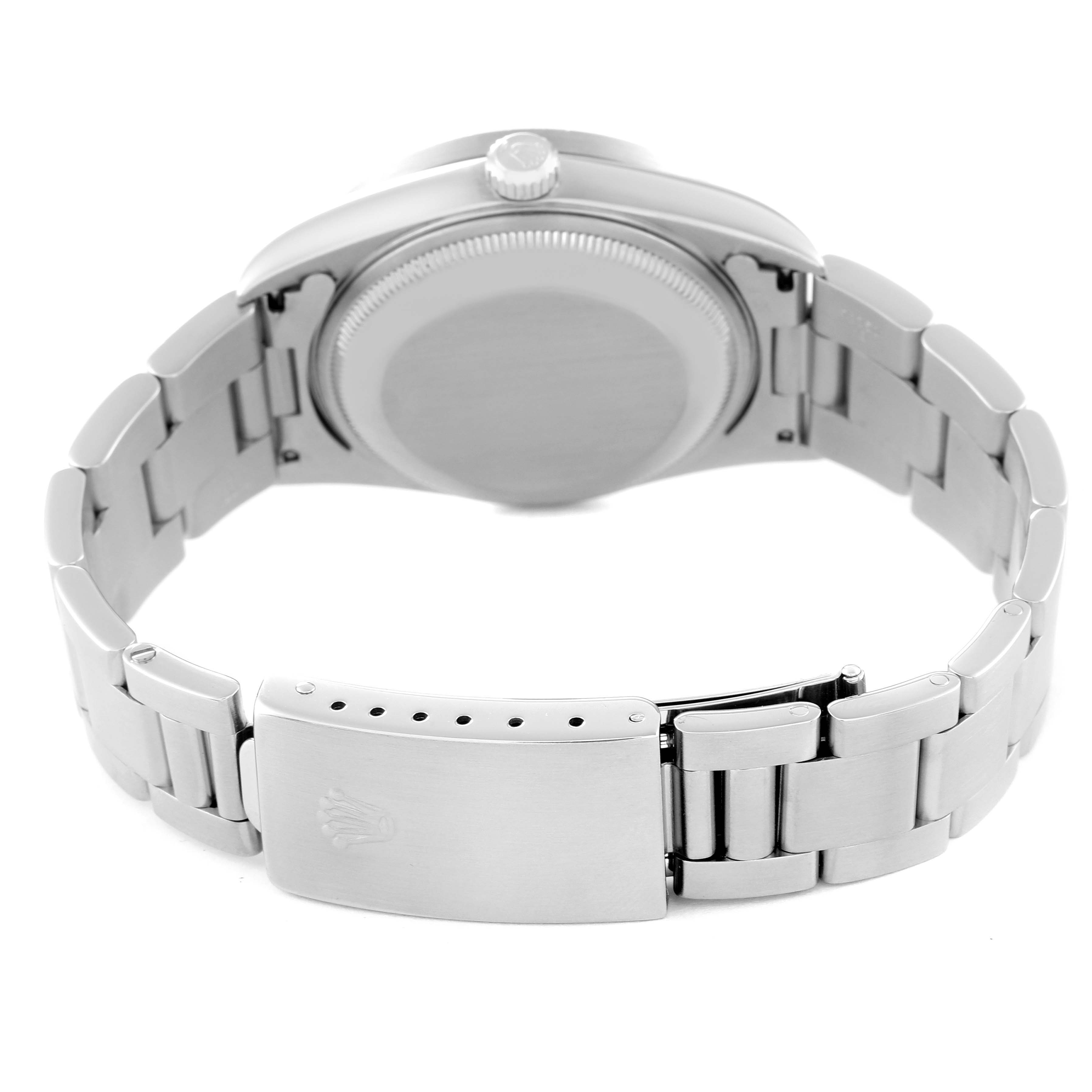 The image shows the backside and clasp of a Rolex Date 15210 Men's Stainless Steel Blue Dial 15210 Men's Stainless Steel Blue Dial model watch, highlighting the bracelet and case back.