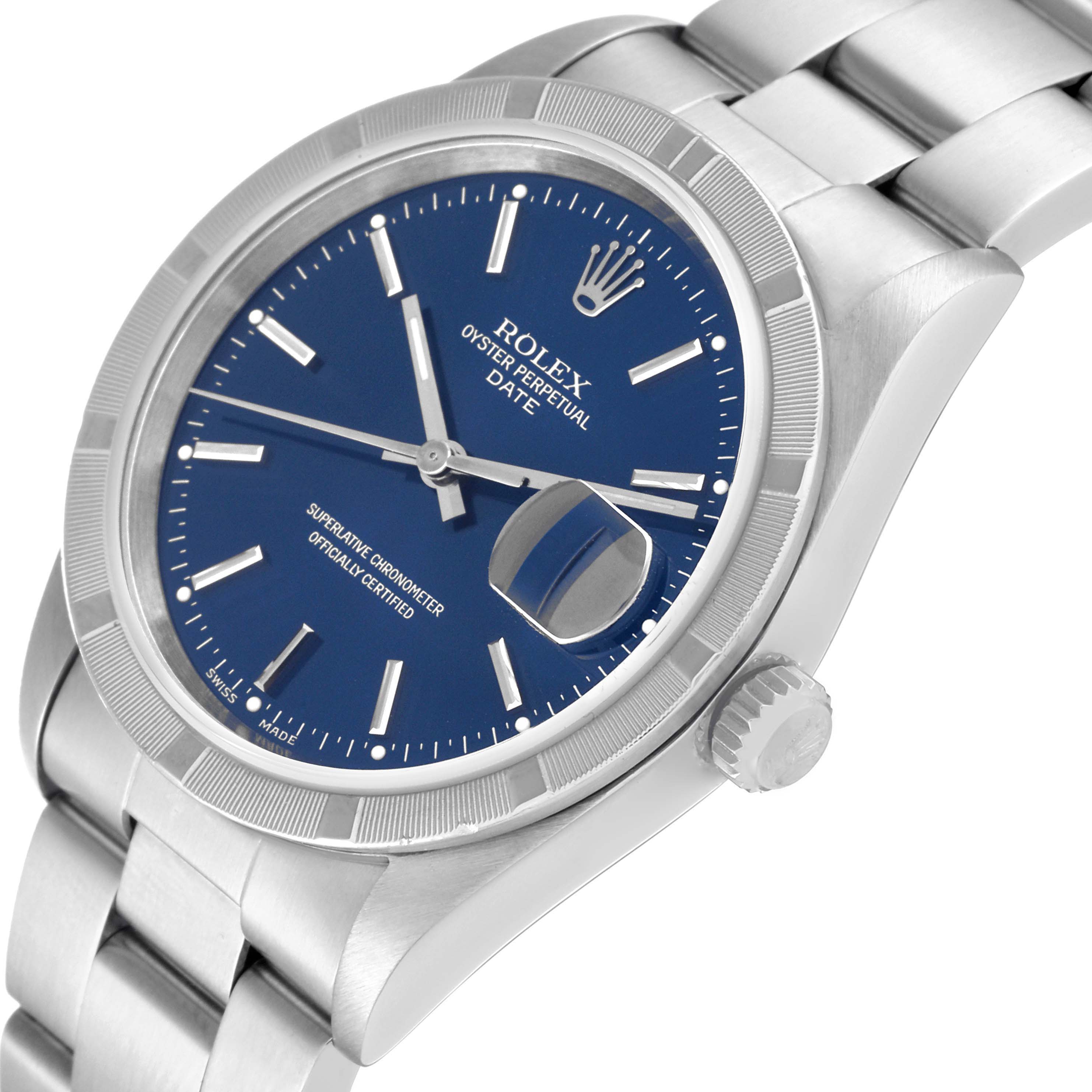 This image shows a Rolex Date 15210 Men's Stainless Steel Blue Dial 15210 Men's Stainless Steel Blue Dial model watch at a close-up angle highlighting the dial, bezel, and part of the bracelet.