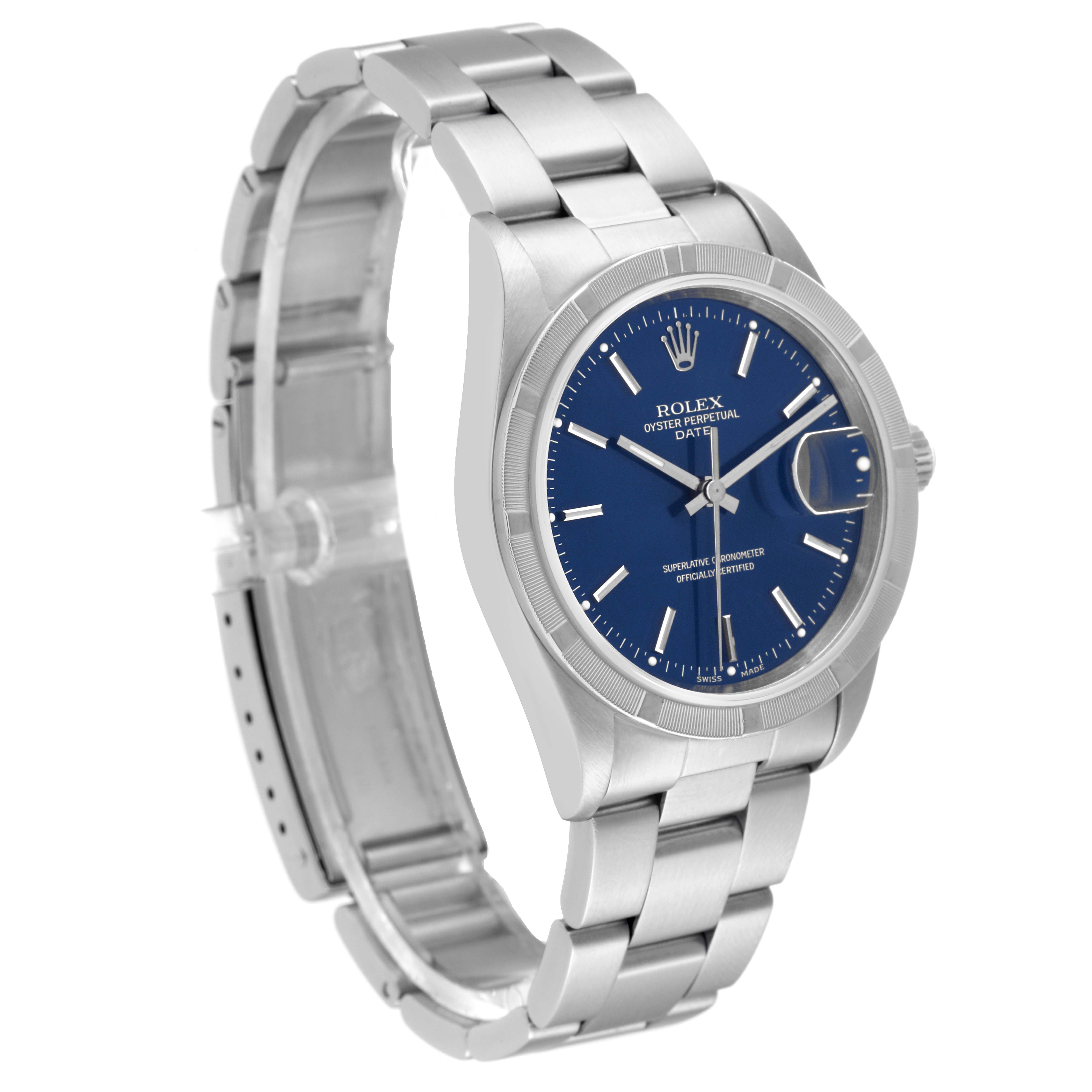 The image shows a side angle of a Rolex Date 15210 Men's Stainless Steel Blue Dial 15210 Men's Stainless Steel Blue Dial model watch displaying its bracelet, case, and blue dial.