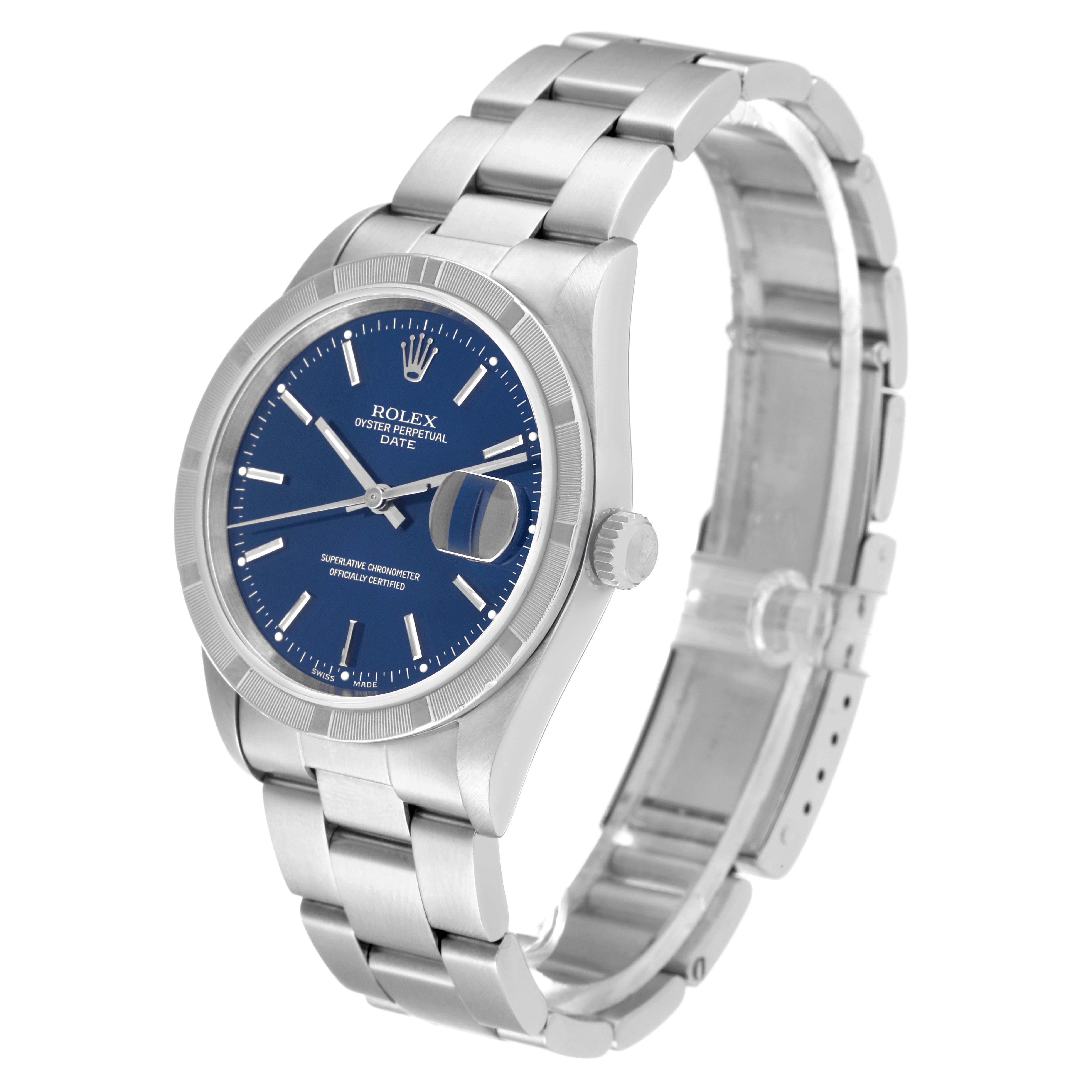The image shows a Rolex Date 15210 Men's Stainless Steel Blue Dial 15210 Men's Stainless Steel Blue Dial model watch from an angle that displays the face, crown, and full bracelet.
