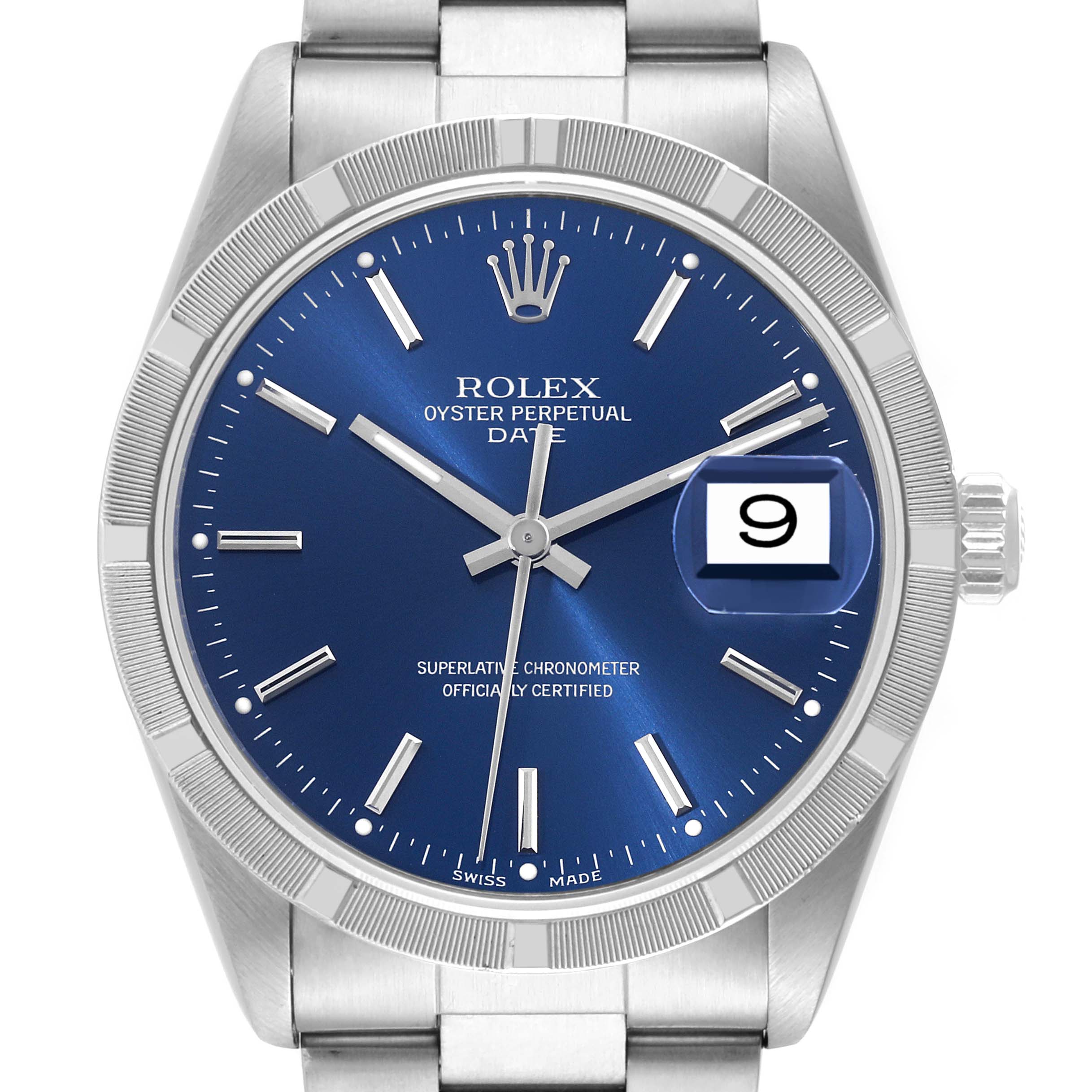 The image shows a frontal view of a Rolex Oyster Perpetual Date model, featuring the dial, bezel, case, crown, and part of the bracelet.