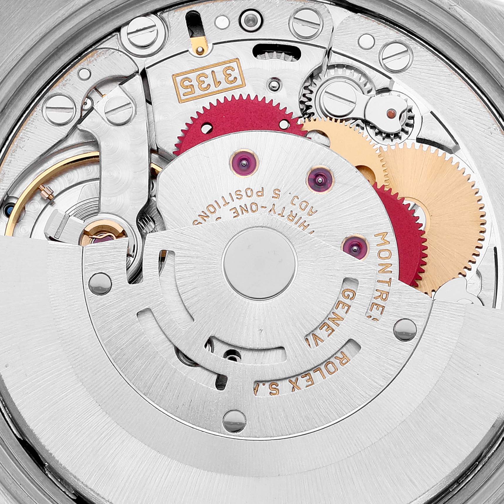 This image shows a close-up of the movement mechanism inside a Rolex Date 15210 Men's Stainless Steel Blue Dial 15210 Men's Stainless Steel Blue Dial model watch.