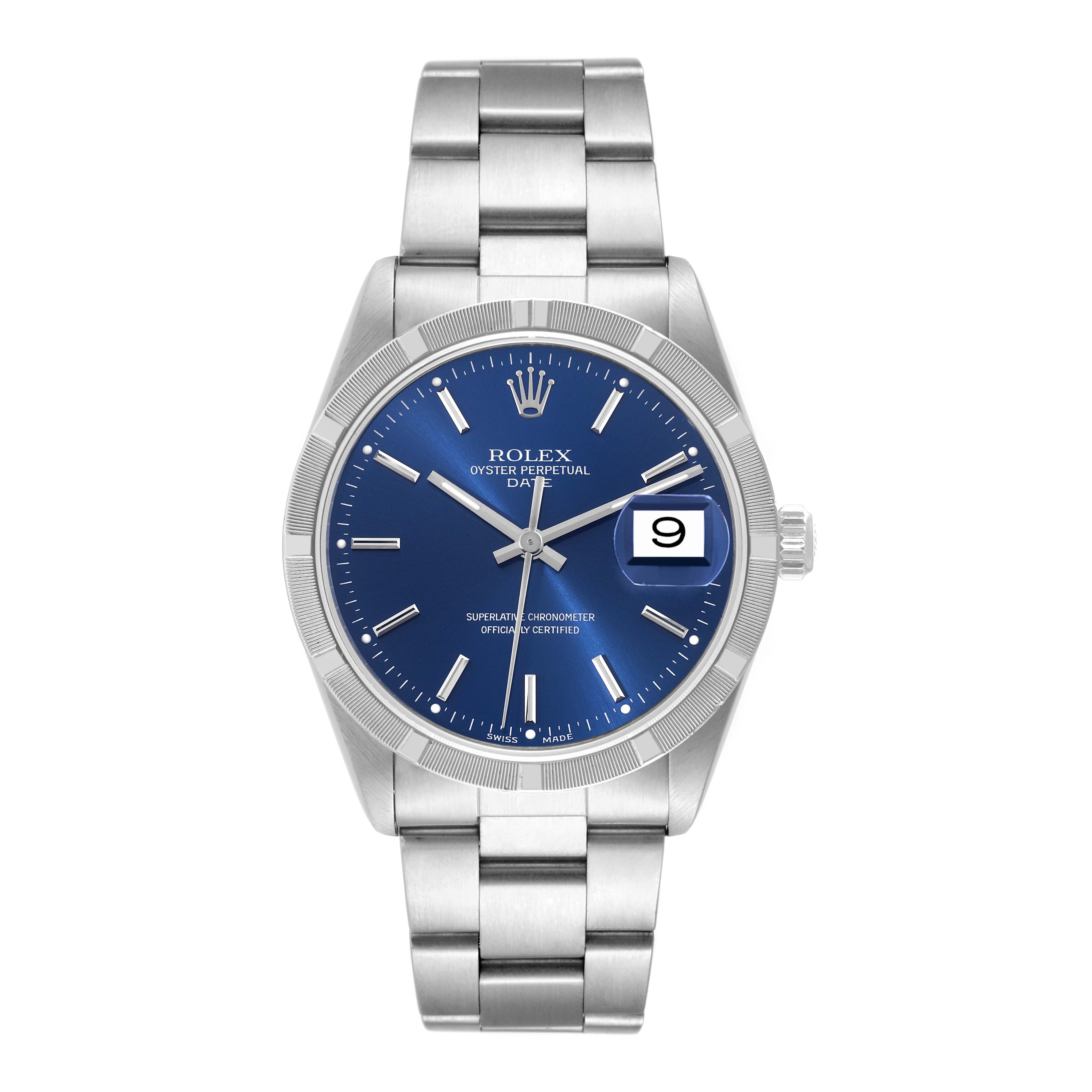 The Rolex Date 15210 Men's Stainless Steel Blue Dial 15210 Men's Stainless Steel Blue Dial watch is shown from the front, displaying its blue dial, date window, and stainless steel bracelet.