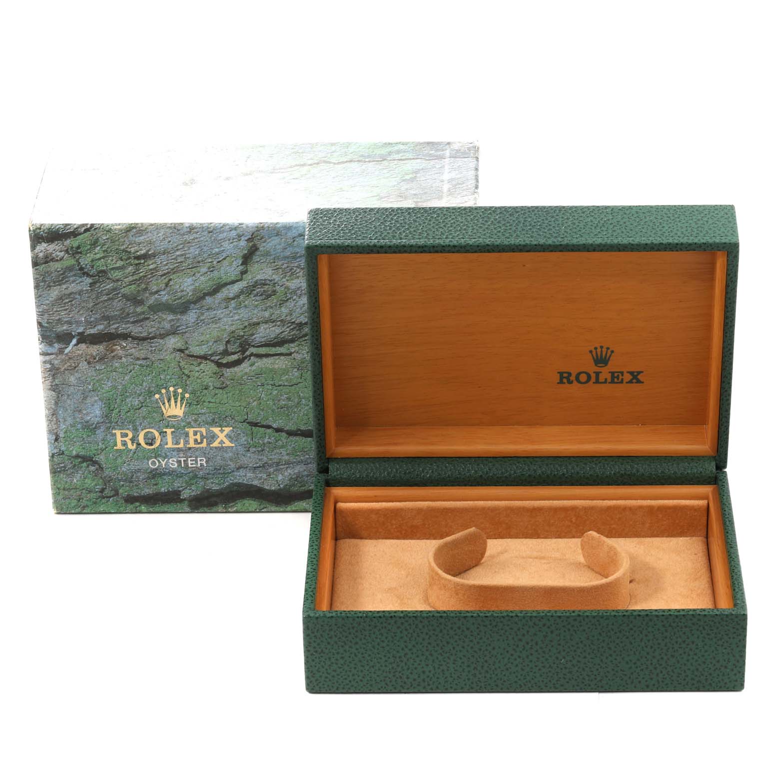 The image shows an open Rolex Oyster Date watch box displaying its interior.