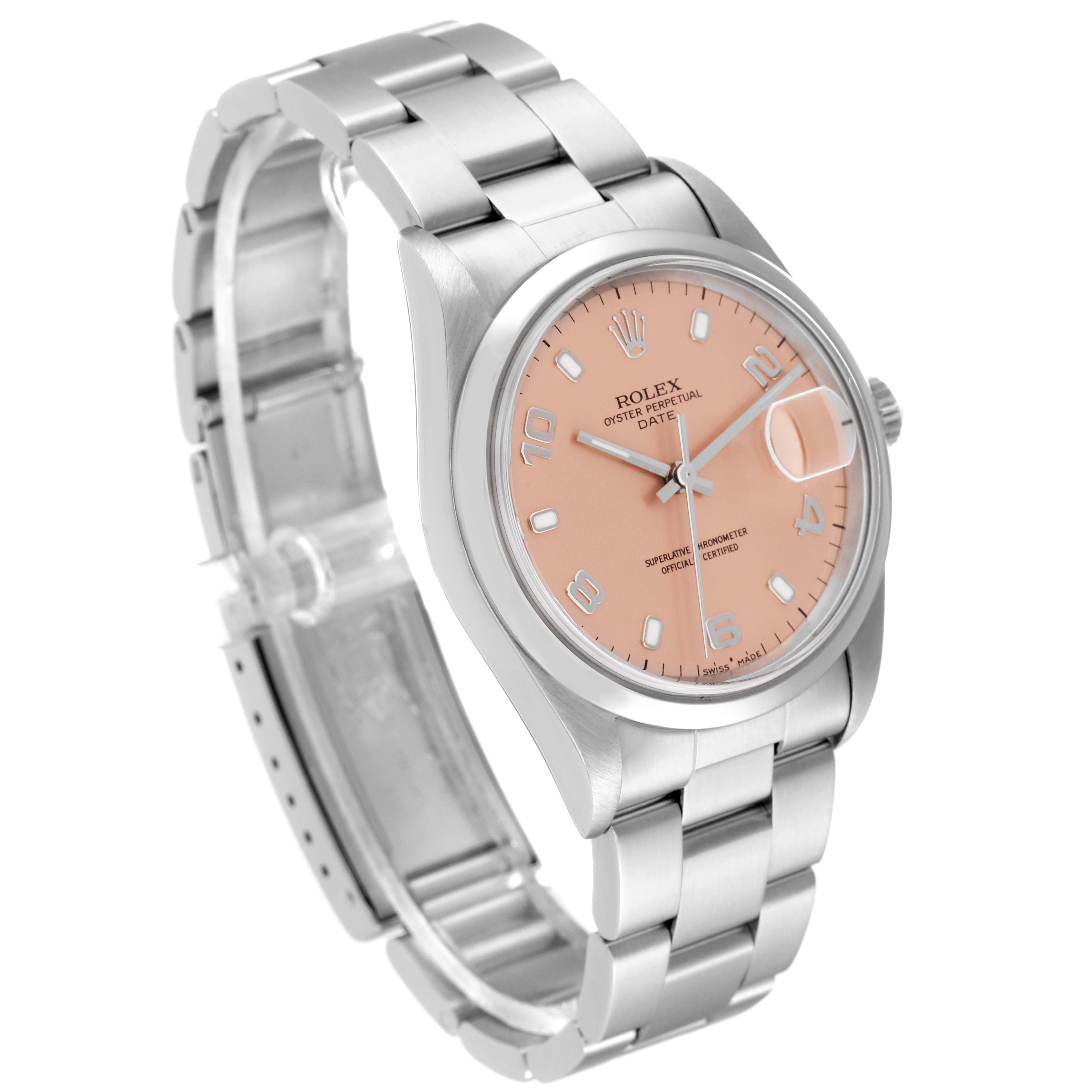 This image shows a Rolex Date 15200 Men's Stainless Steel Pink Dial 15200 Men's Stainless Steel Pink Dial watch from a three-quarter angle, highlighting the watch face, case, bracelet, and clasp.