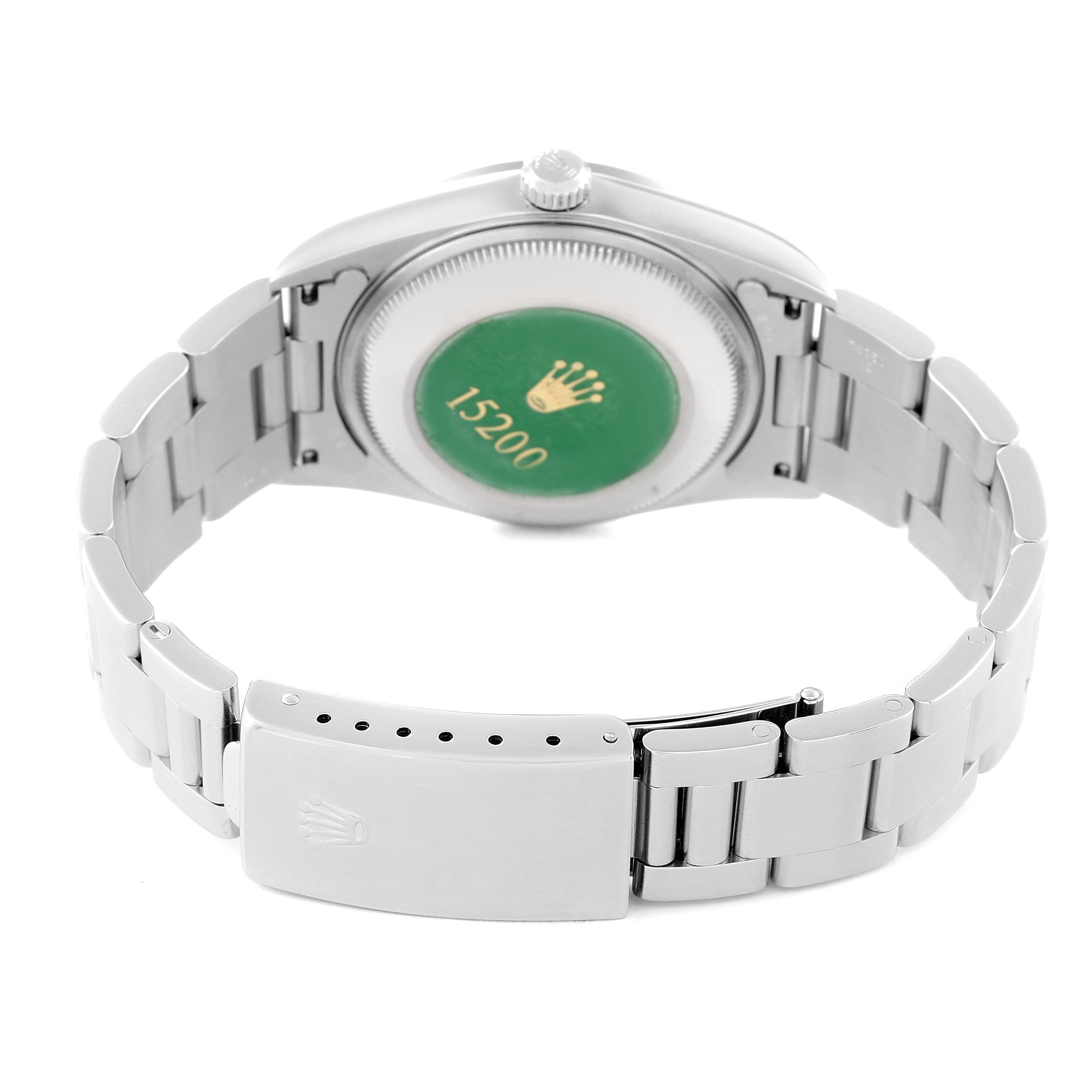 The image shows the back case and bracelet of a Rolex Date 15200 Men's Stainless Steel Pink Dial 15200 Men's Stainless Steel Pink Dial model watch, viewed at an angle emphasizing the clasp and case back.