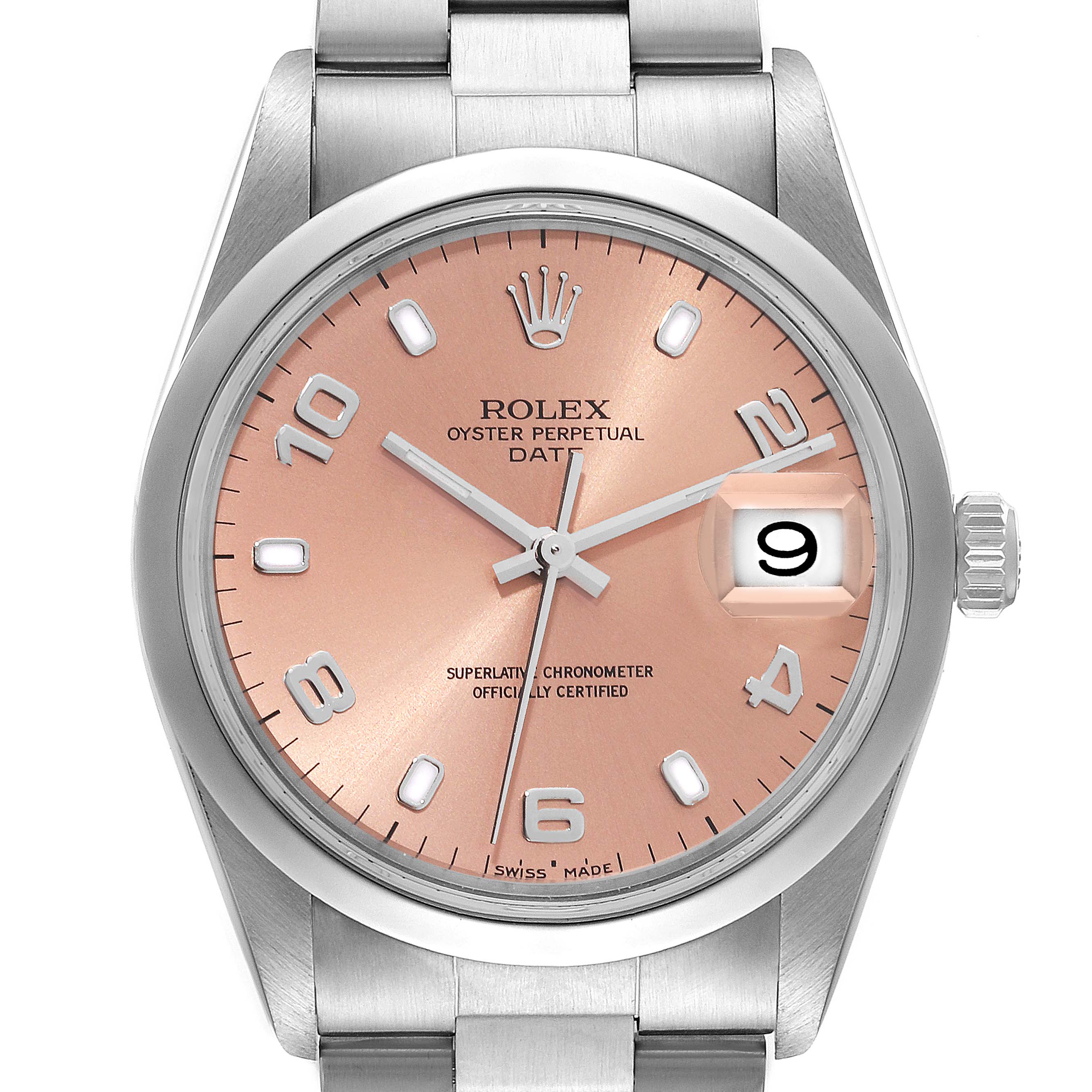 The image shows a close-up front view of a Rolex Oyster Perpetual Date watch, highlighting its peach dial and date window at 3 o'clock.