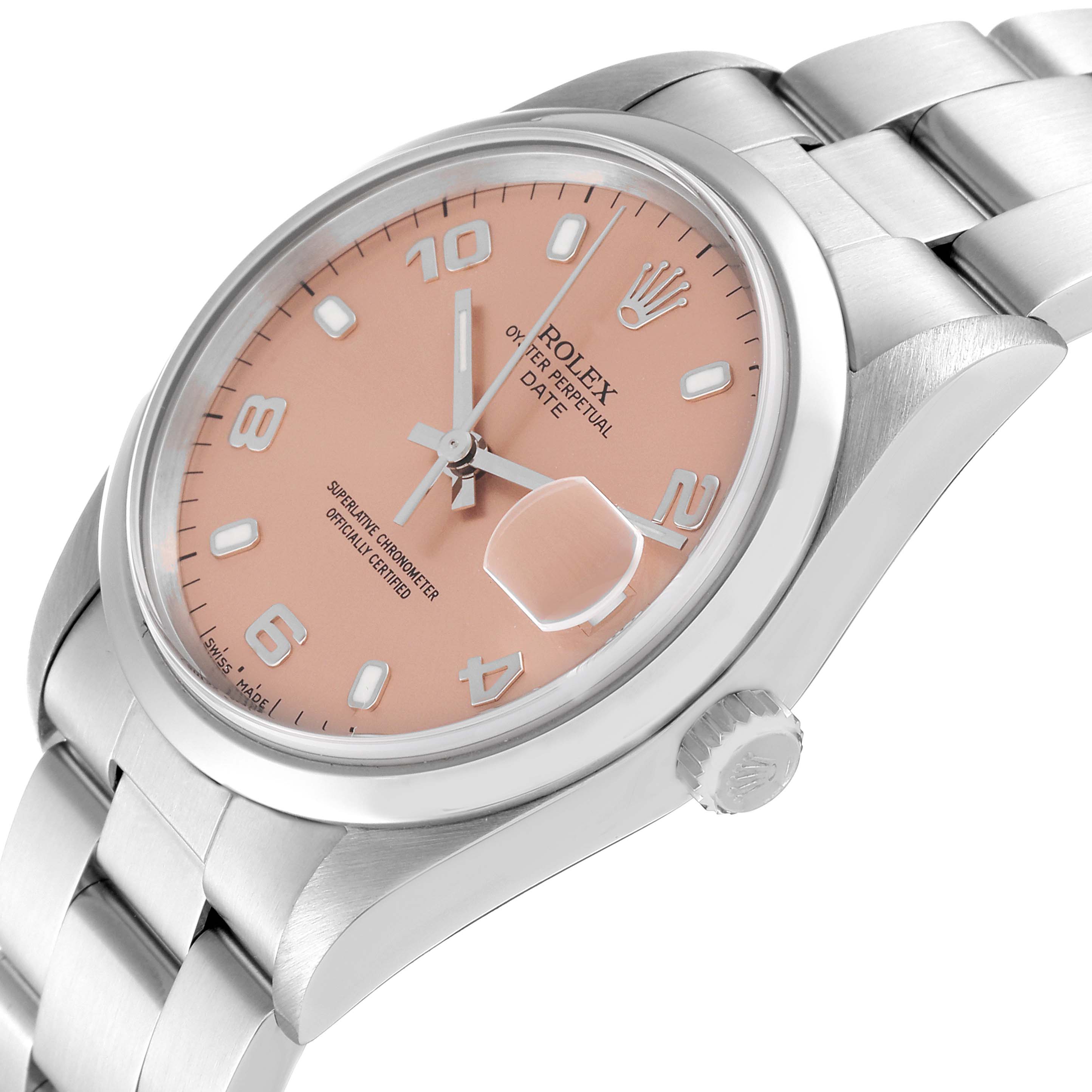 The photo shows a close-up angle of a Rolex Date 15200 Men's Stainless Steel Pink Dial 15200 Men's Stainless Steel Pink Dial model watch, highlighting the dial, bezel, case, bracelet, crown, and date window.