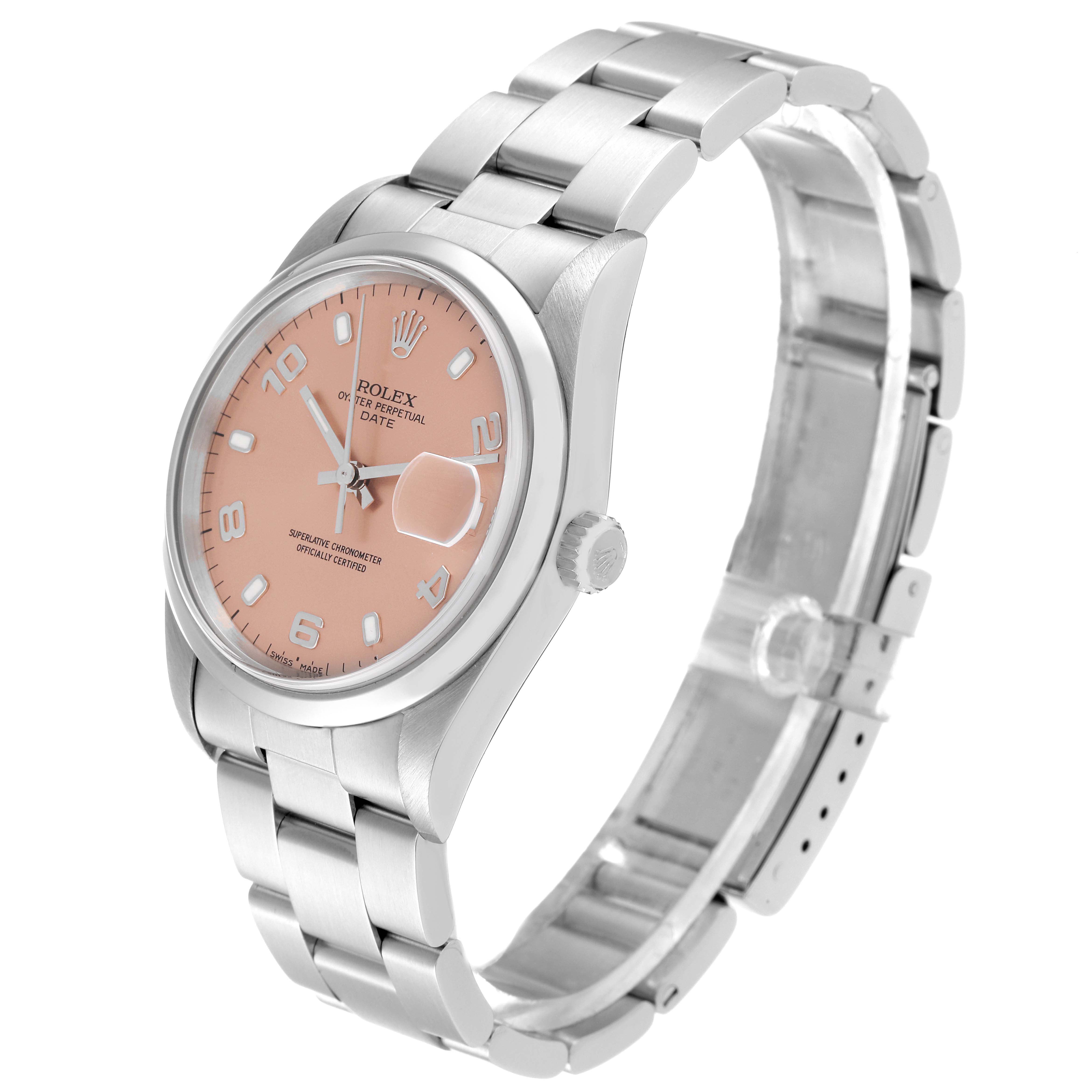 The image shows a side and front angle of a Rolex Date 15200 Men's Stainless Steel Pink Dial 15200 Men's Stainless Steel Pink Dial model, highlighting the dial, bezel, crown, and bracelet.