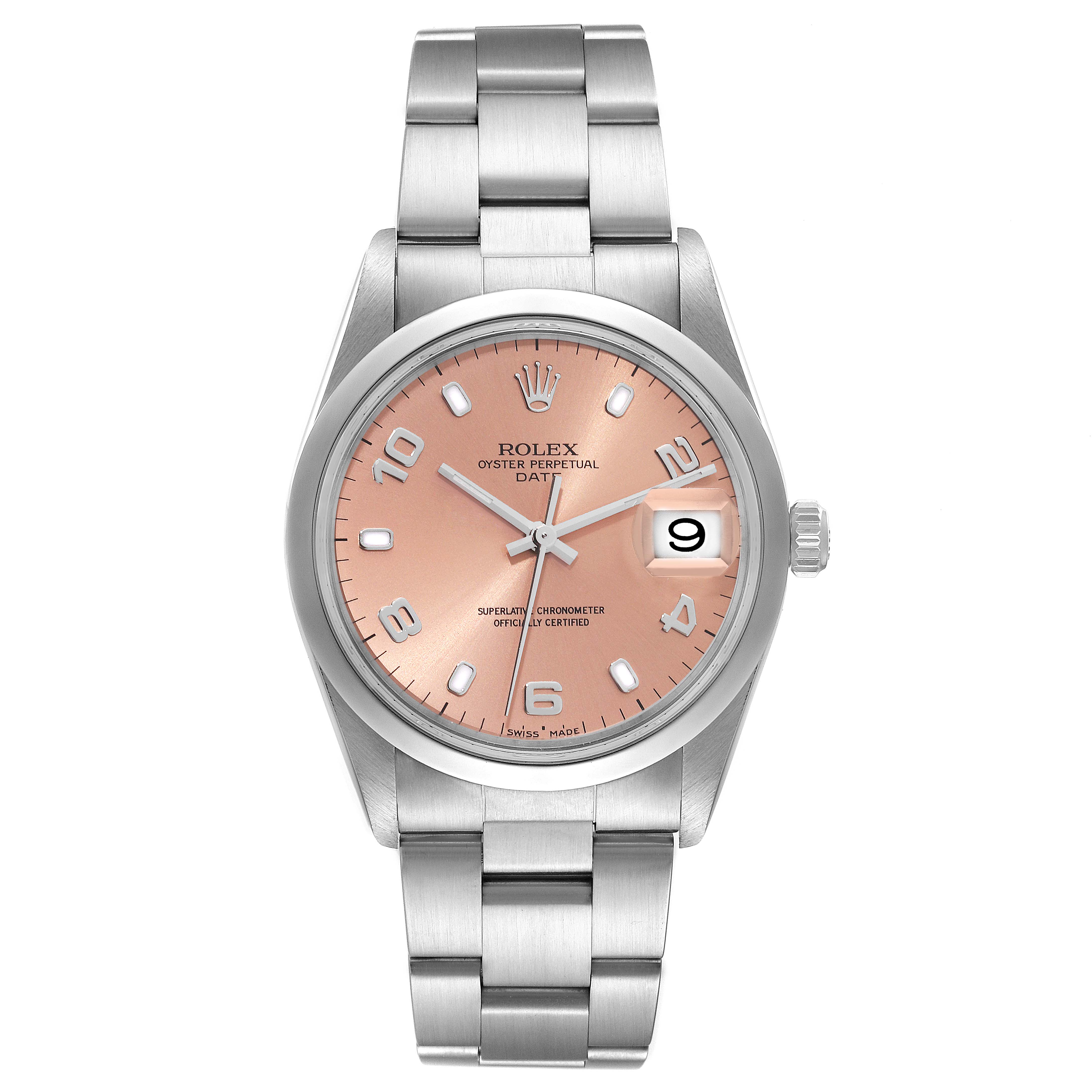The image shows a front view of a Rolex Date 15200 Men's Stainless Steel Pink Dial 15200 Men's Stainless Steel Pink Dial model watch with a pink dial and stainless steel bracelet.