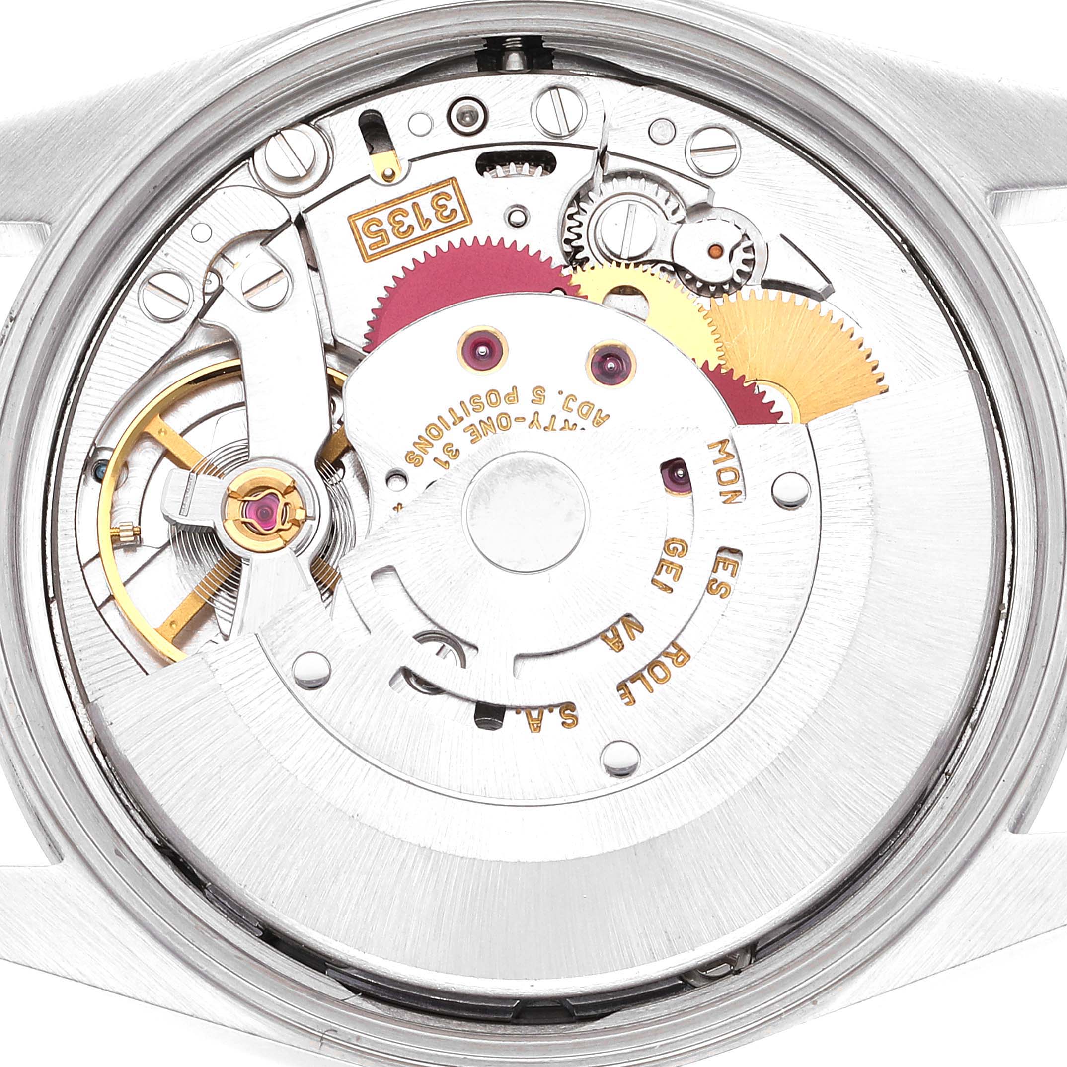 This is a close-up view of the movement mechanism of a Rolex Date 15200 Men's Stainless Steel Pink Dial 15200 Men's Stainless Steel Pink Dial model watch, showcasing its internal components.