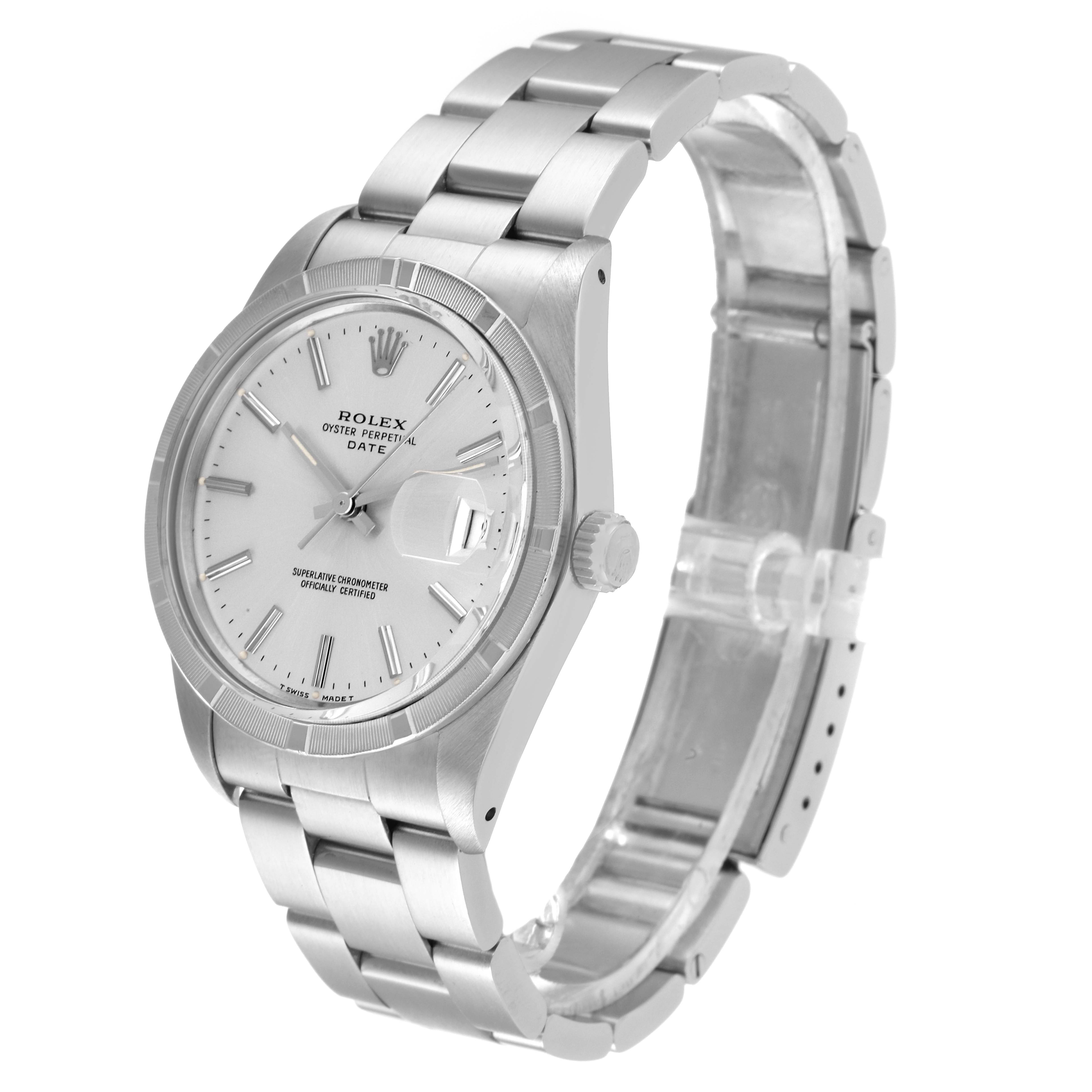 The image shows a side angle of the Rolex Vintage Collection 15010 Men's Stainless Steel Silver Dial 15010 Men's Stainless Steel Silver Dial model, displaying the dial, bezel, crown, and part of the bracelet.