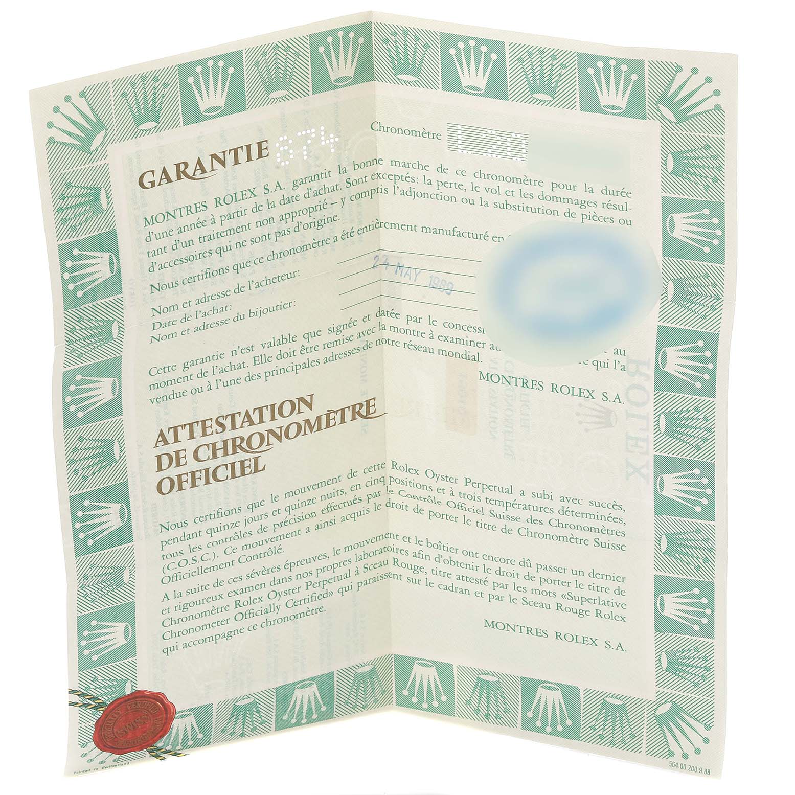 The image shows the warranty and certification documents for the Rolex Vintage Collection 15010 Men's Stainless Steel Silver Dial 15010 Men's Stainless Steel Silver Dial model.