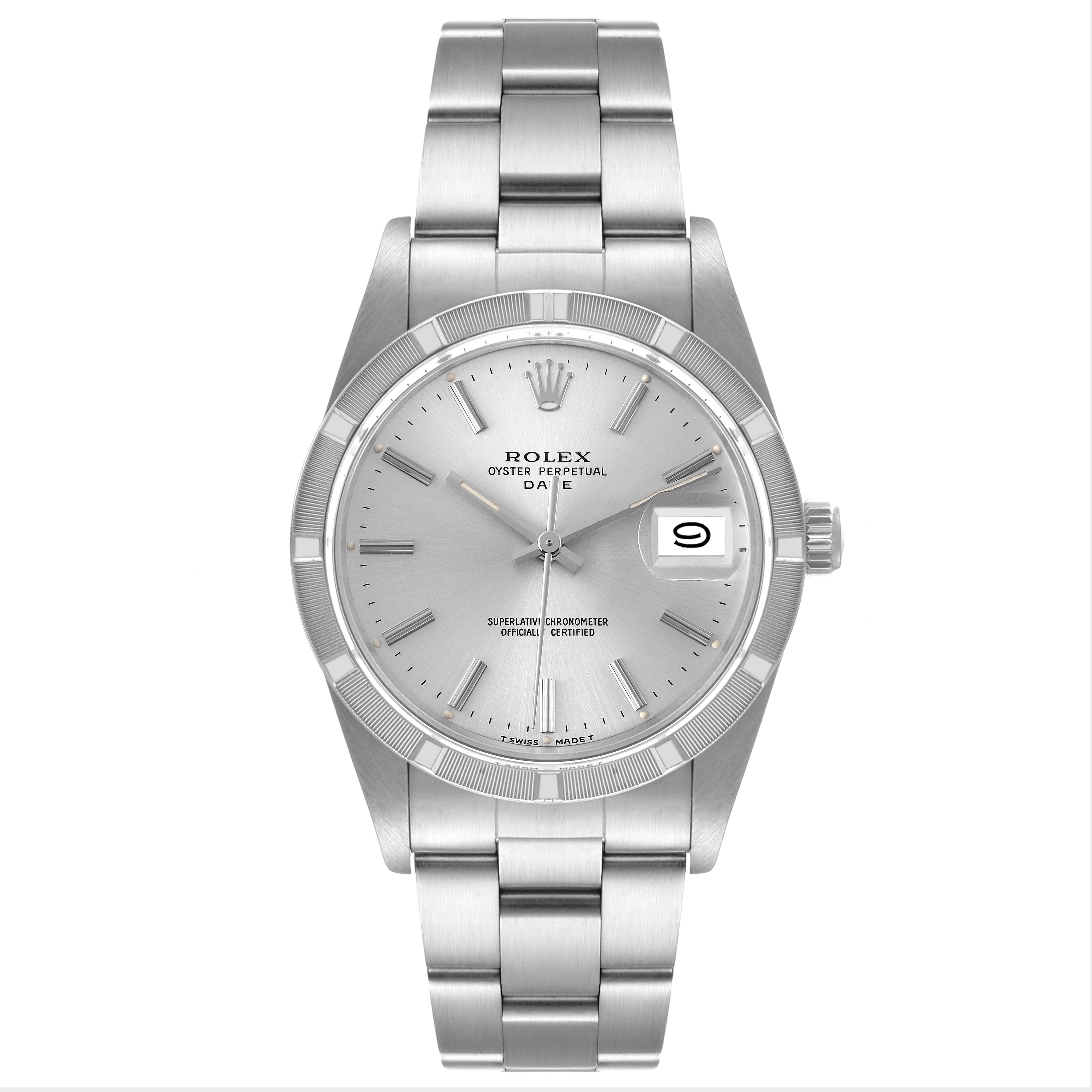 This image shows a frontal view of a Rolex Vintage Collection 15010 Men's Stainless Steel Silver Dial 15010 Men's Stainless Steel Silver Dial Oyster Perpetual Date watch, highlighting the dial, hands, date window, and bracelet.